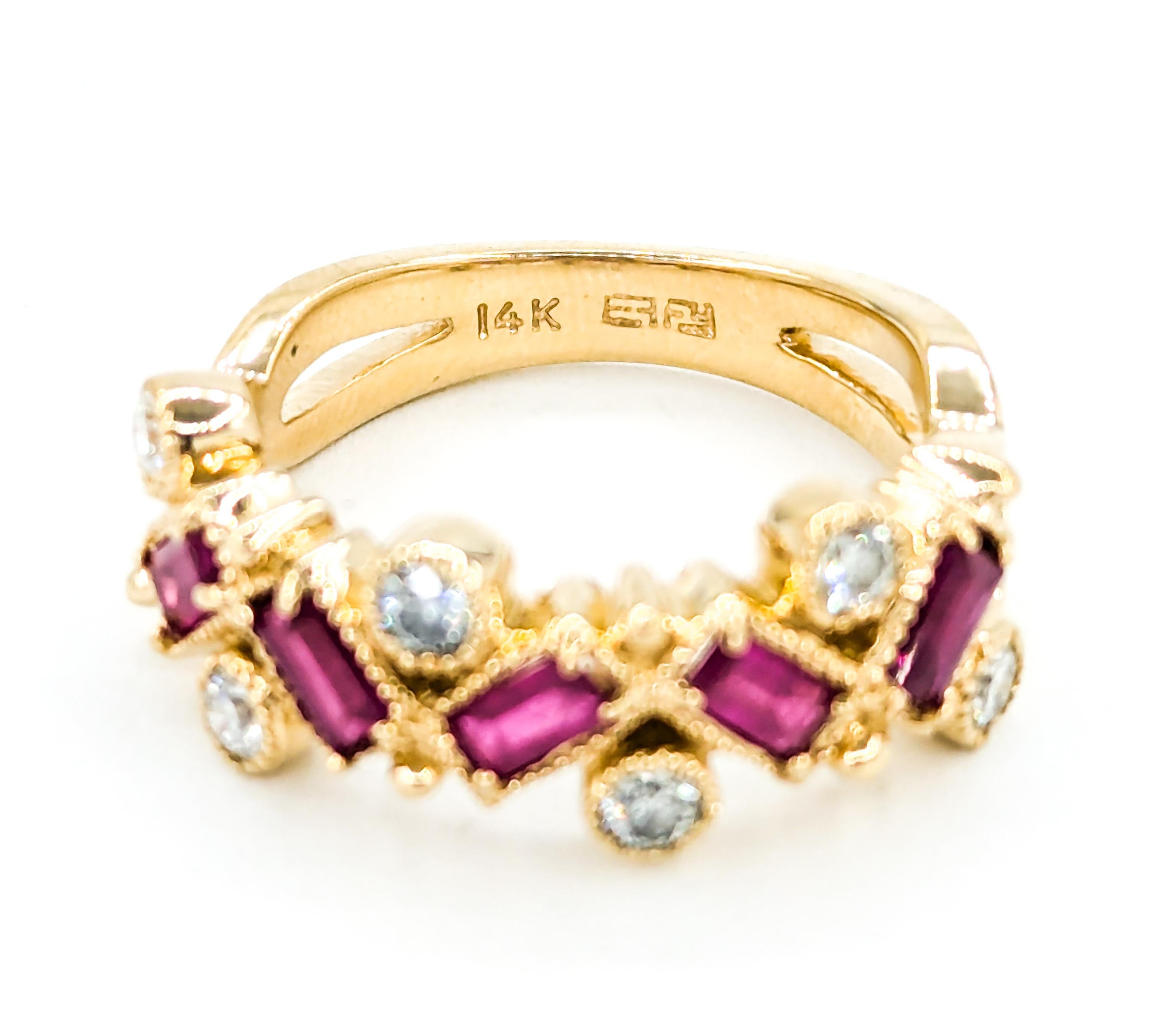 Whimsical Baguette Ruby & Diamond Ring in Yellow Gold For Sale 3