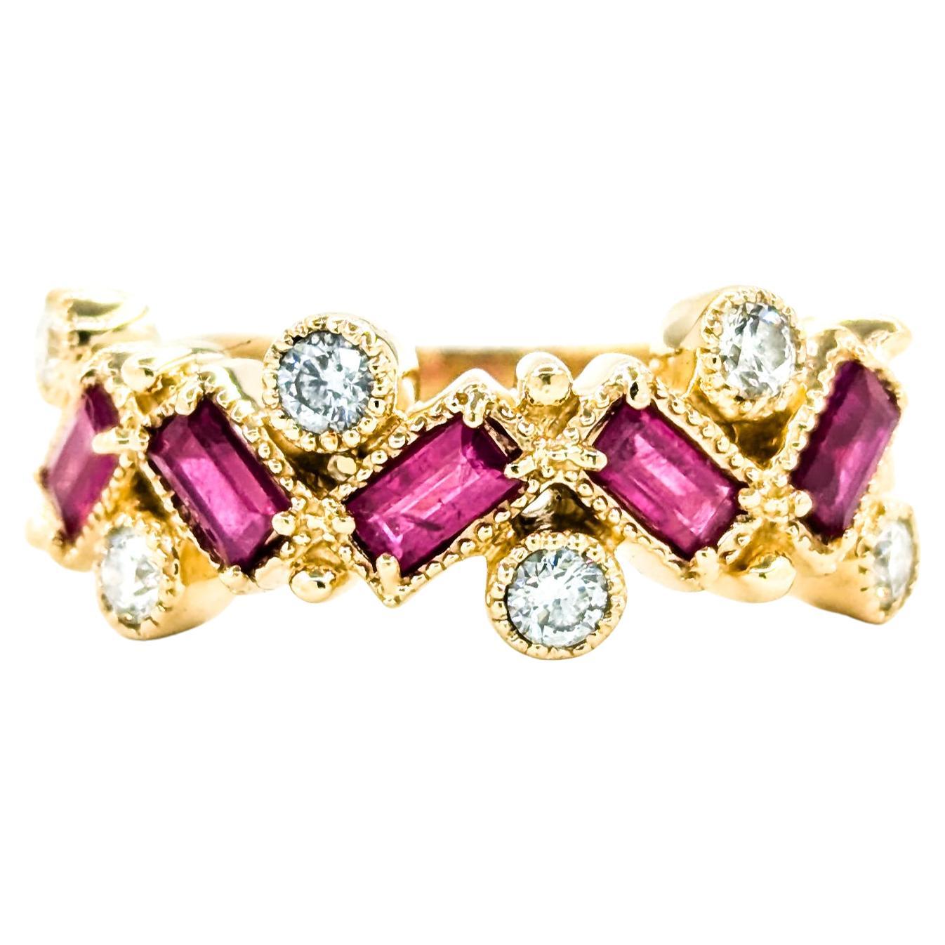 Whimsical Baguette Ruby & Diamond Ring in Yellow Gold