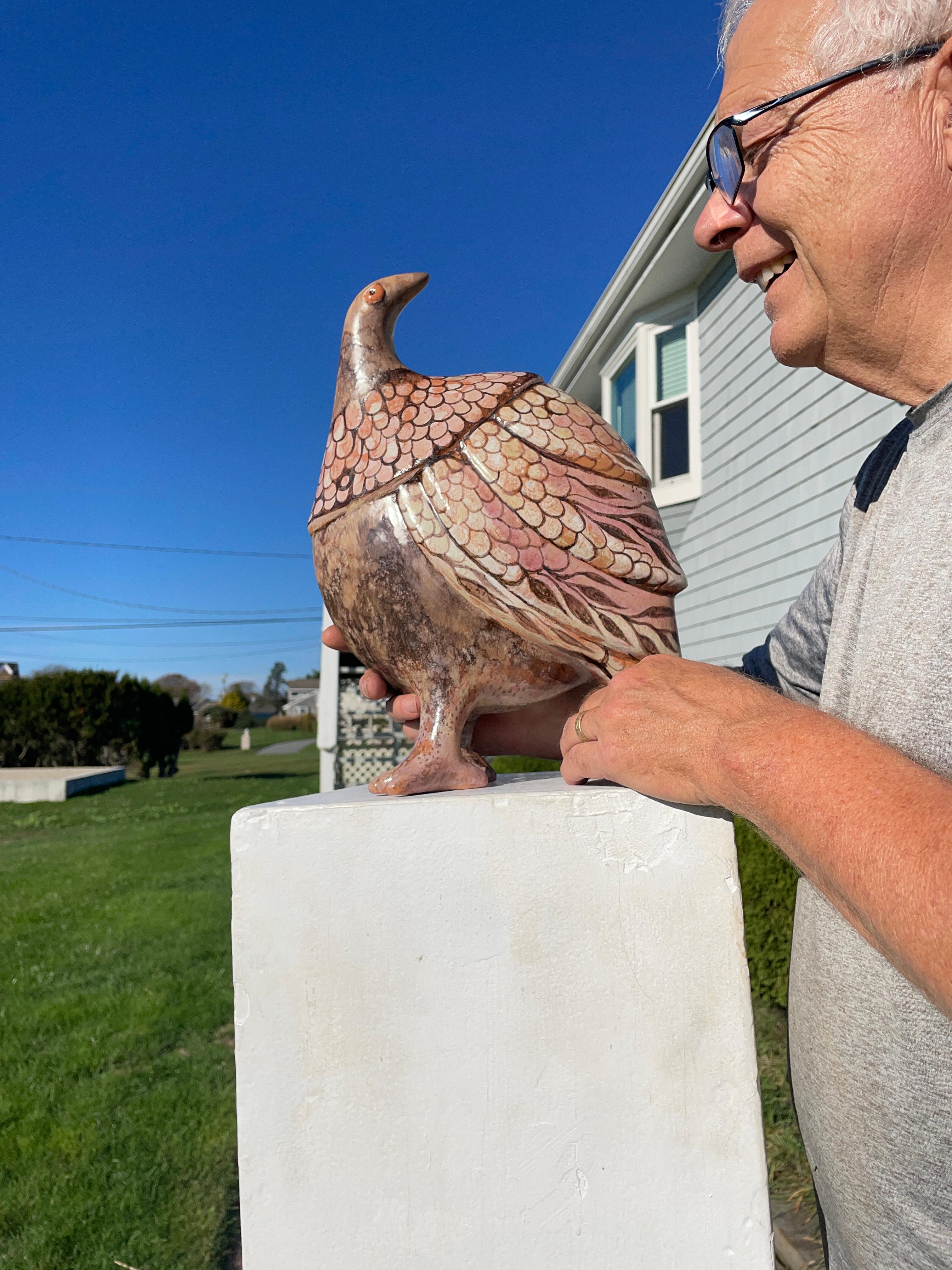 A large whimsical Pea Fowl bird sculpture master work designed and hand painted by Eva Fritz-Lindner, (1933-2017)

A scarce survivor.

This is a creative handmade, hand painted and hand glazed sculpture in rose, black and cream white colors. It was