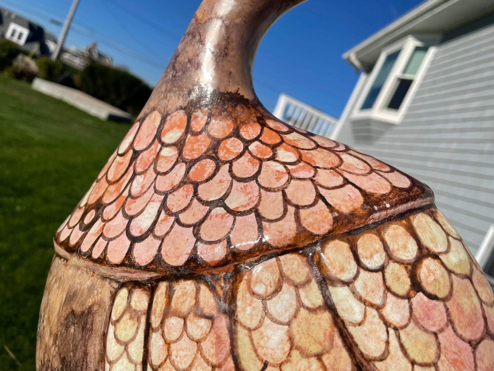 Glazed Whimsical Big Rose Bird Sculpture Hand Painted by Eva Fritz-Lindner For Sale