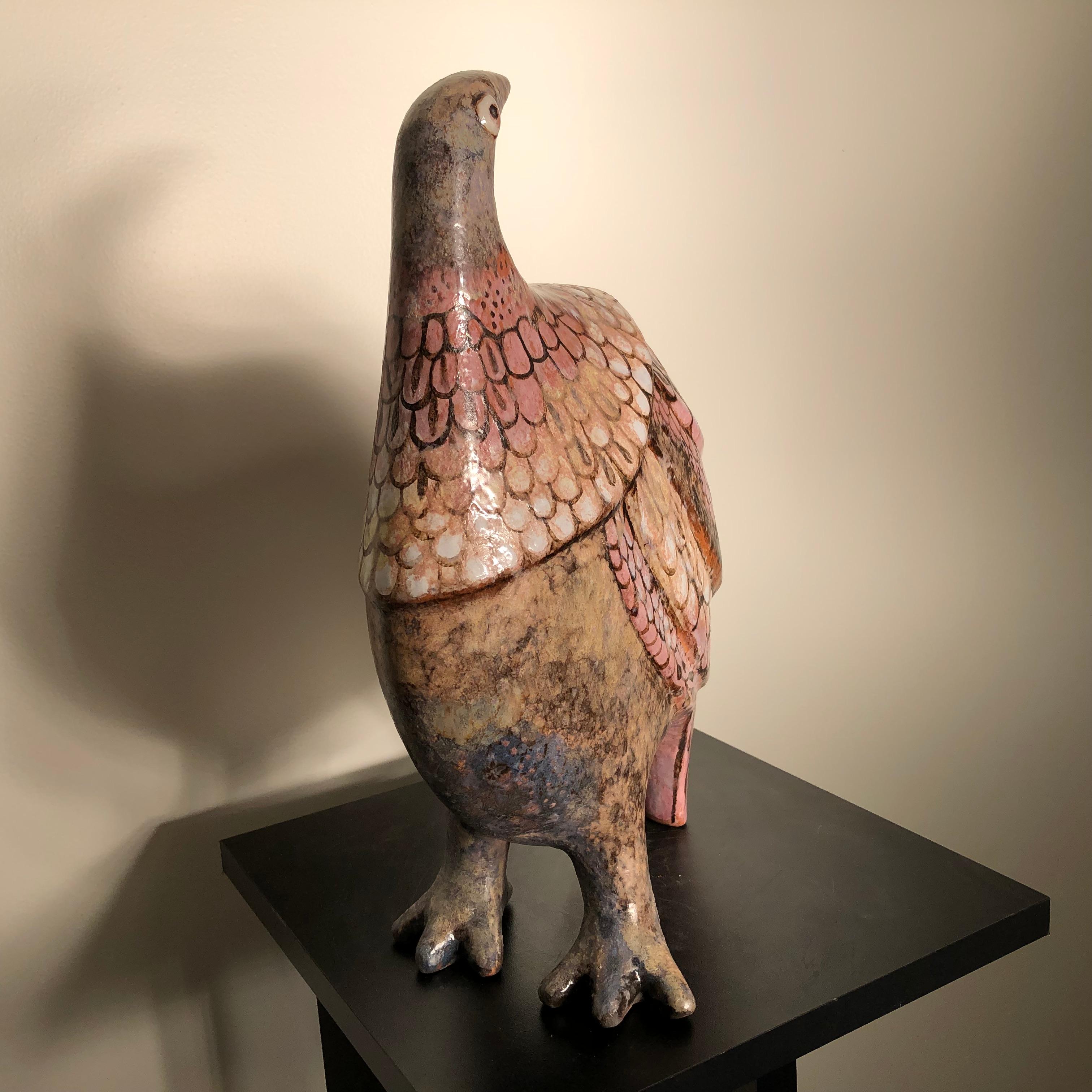 Whimsical Big Rose Bird Sculpture Hand Painted by Eva Fritz-Lindner 1