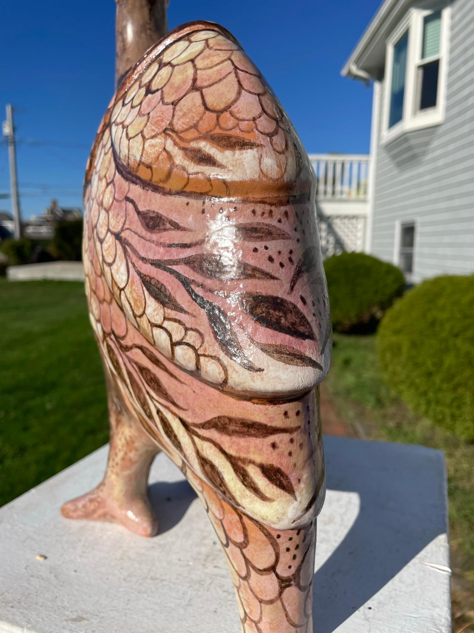 Ceramic Whimsical Big Rose Bird Sculpture Hand Painted by Eva Fritz-Lindner For Sale
