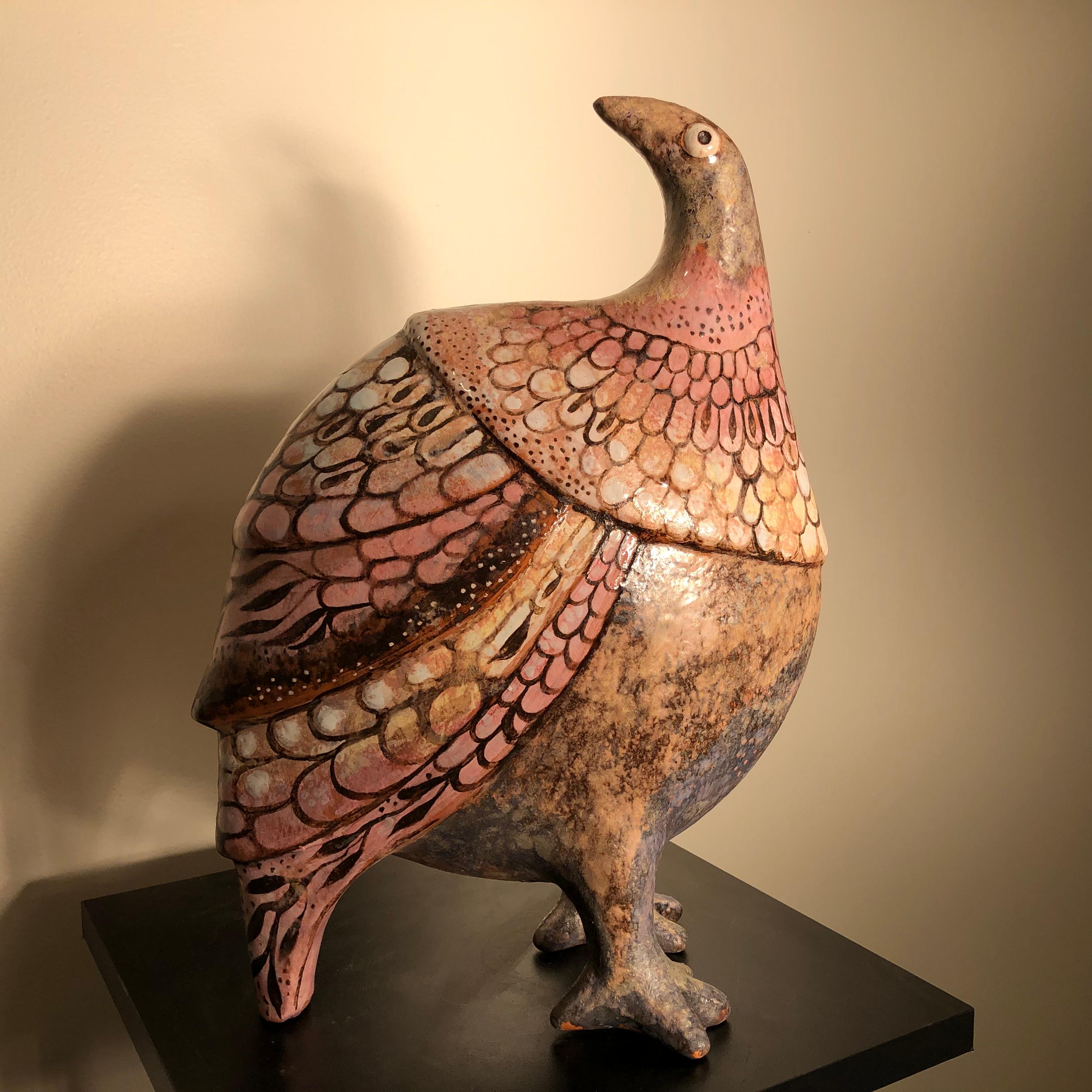 Whimsical Big Rose Bird Sculpture Hand Painted by Eva Fritz-Lindner 2