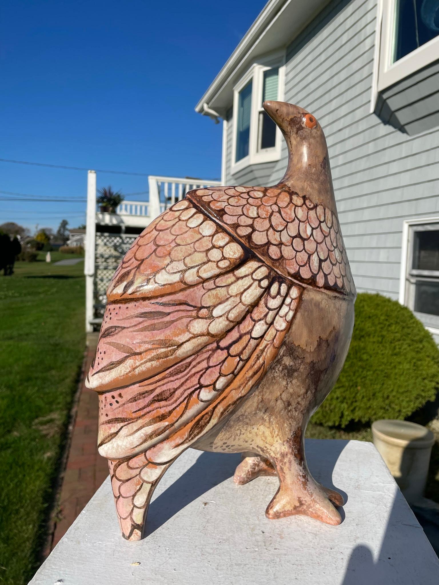 Whimsical Big Rose Bird Sculpture Hand Painted by Eva Fritz-Lindner For Sale 1