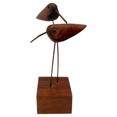 Whimsical Birds Sculpture in Patinated Brass & Walnut California Design