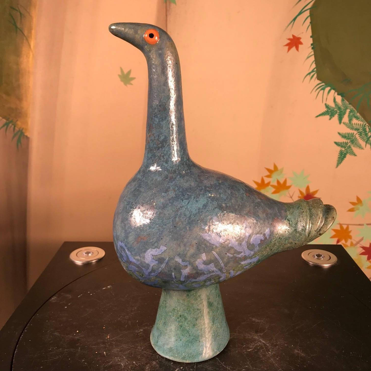 Ceramic Whimsical Blue Bird Sculpture Hand-Painted by Eva Fritz-Lindner