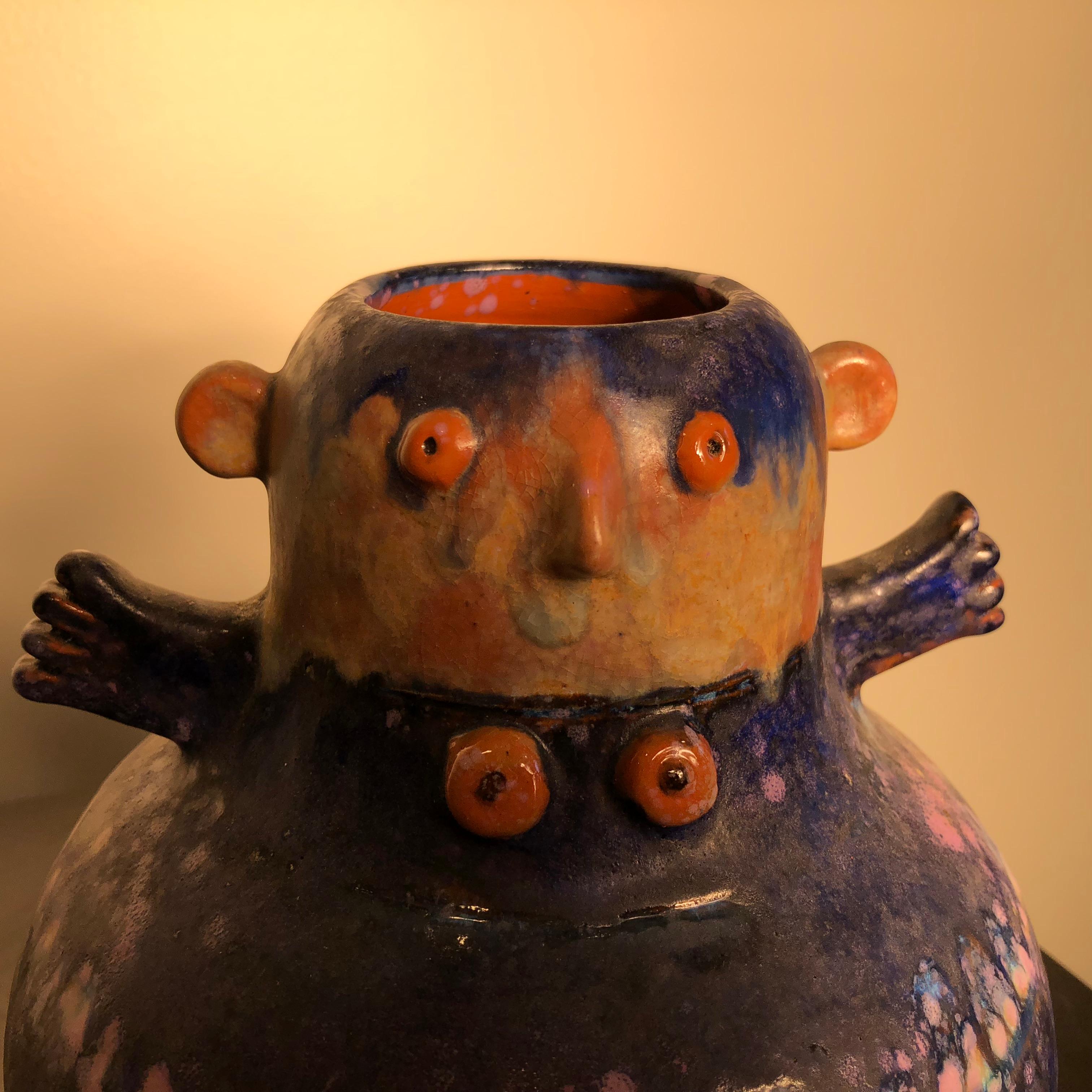 Whimsical Blue Boy and Girl Two Faced Sculpture Master Artisan Eva Fritz-Lindner In Good Condition In South Burlington, VT