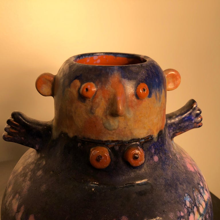 Whimsical Blue Boy and Girl Two Faced Sculpture Master Artisan Eva Fritz-Lindner In Good Condition For Sale In South Burlington, VT