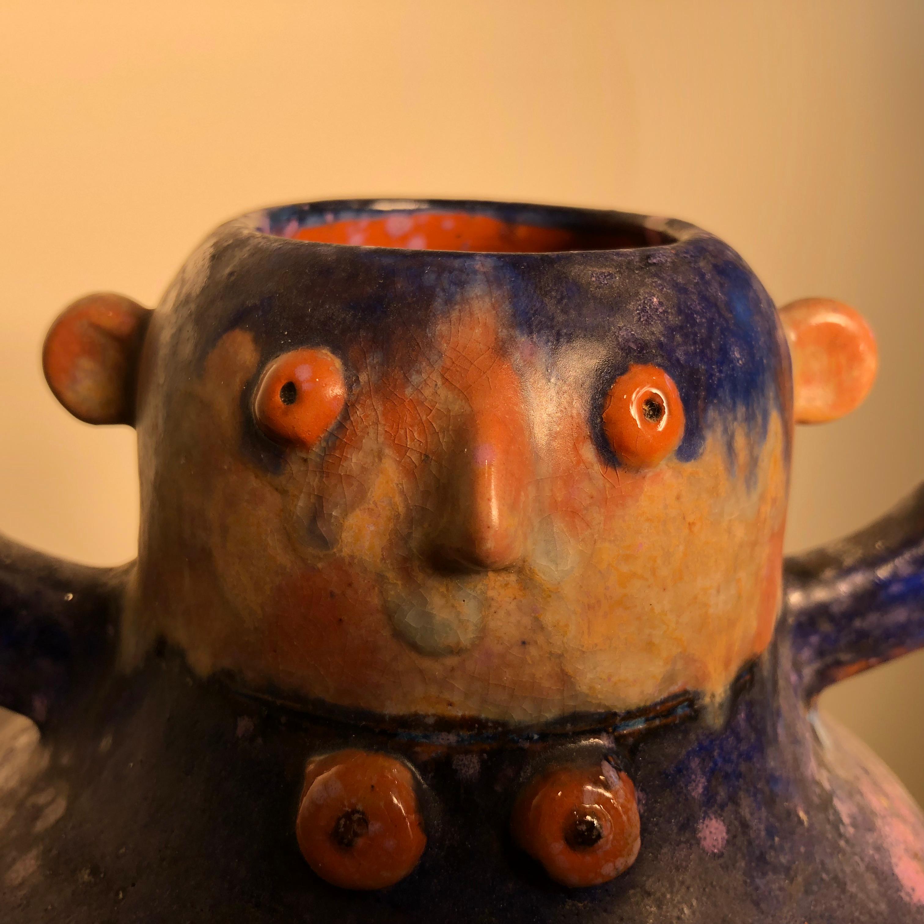 20th Century Whimsical Blue Boy and Girl Two Faced Sculpture Master Artisan Eva Fritz-Lindner