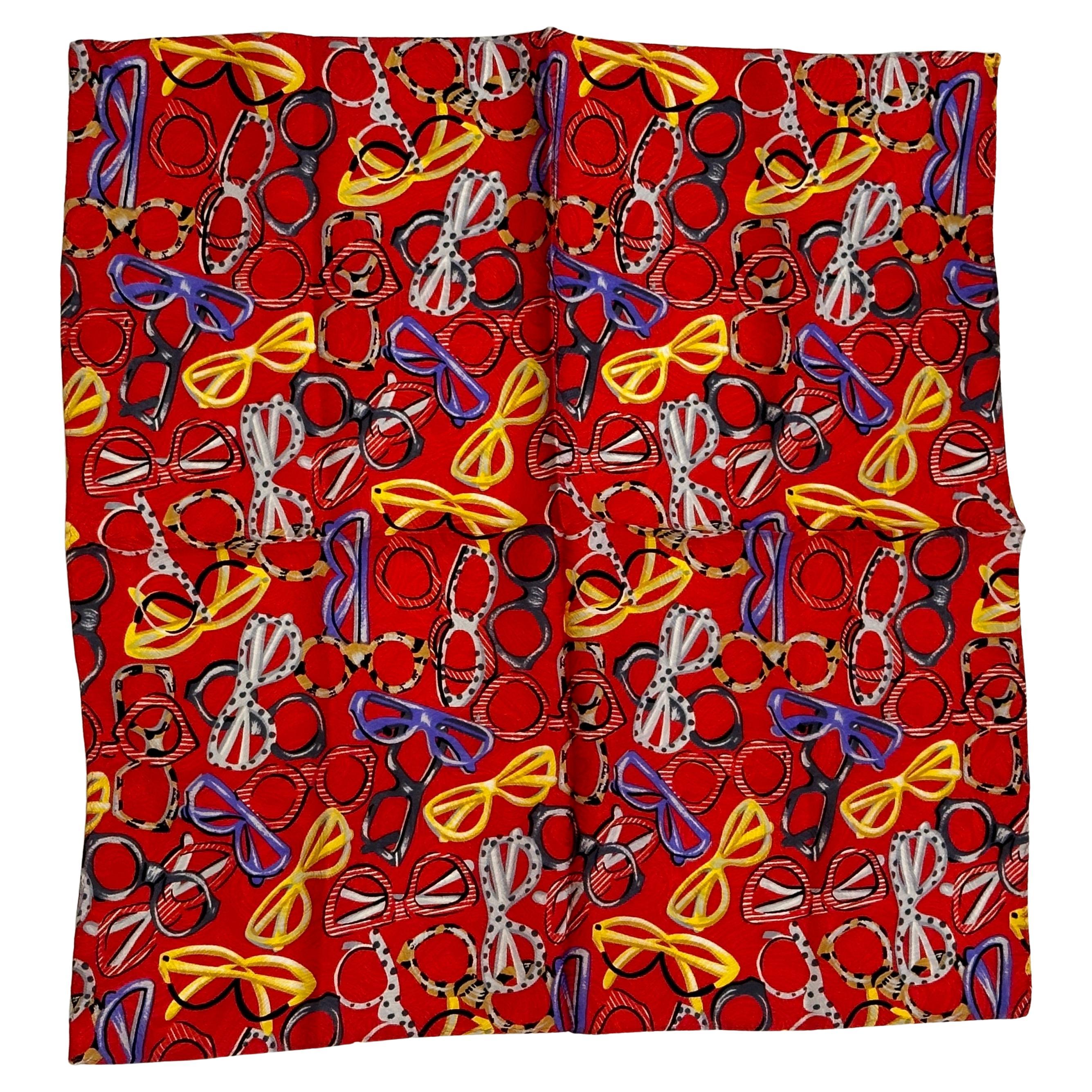 Whimsical Bold Multi-Color "Collection Of Eyewear" Silk Handkerchief For Sale
