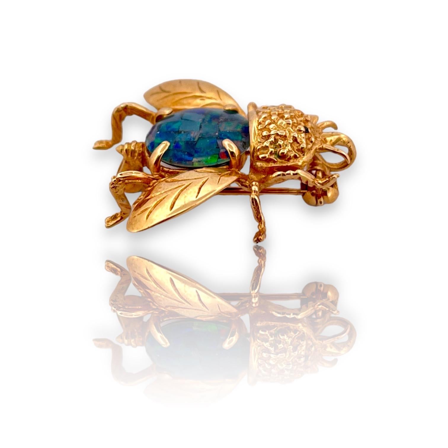 Modern Whimsical Boulder Opal Bee Brooch in 14K Yellow Gold