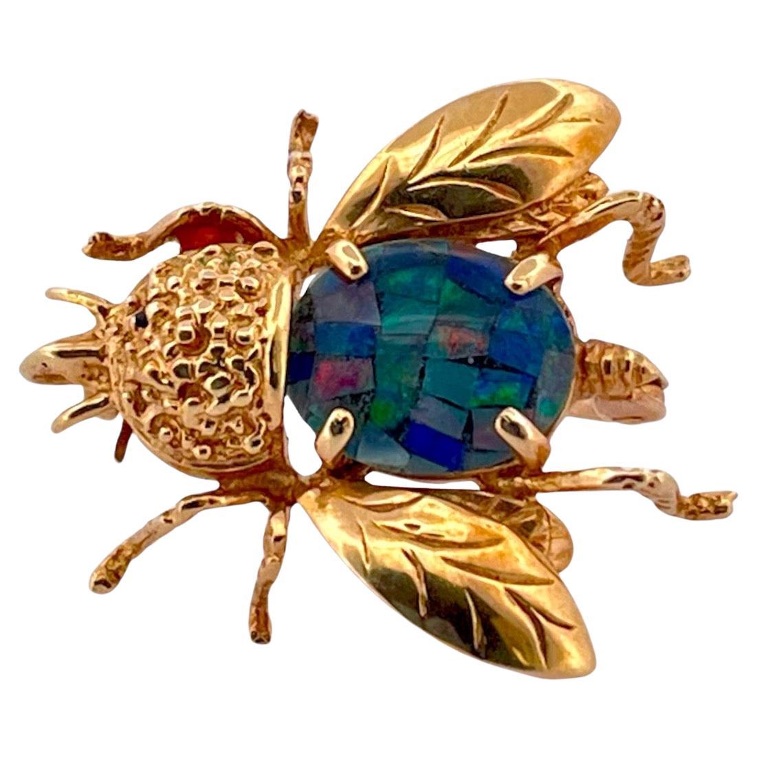 Whimsical Boulder Opal Bee Brooch in 14K Yellow Gold