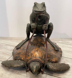 Whimsical Bronze Frog Sculpture on Enameled Tortoise, Circa 1970s