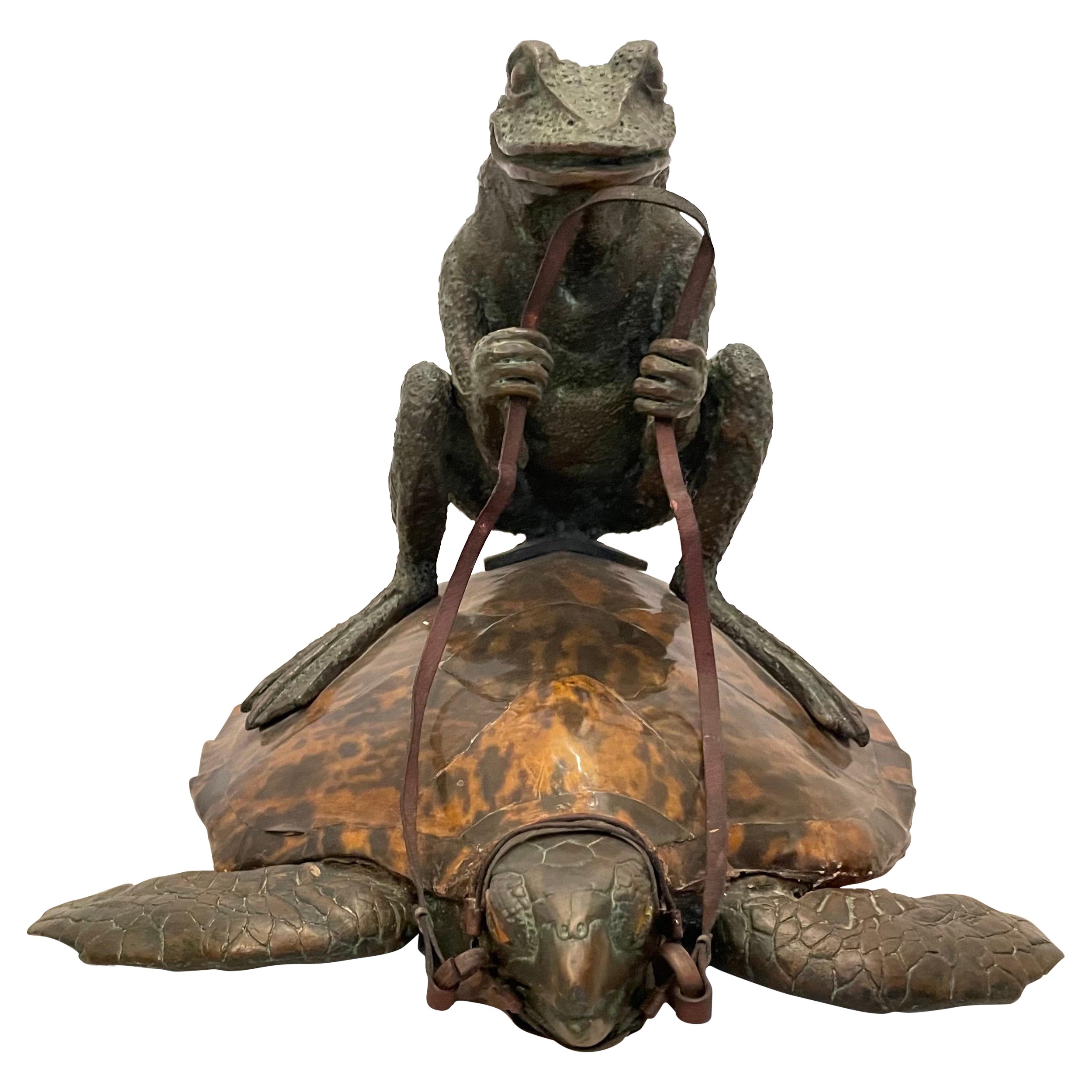 Whimsical Bronze Frog Sculpture on Enameled Tortoise, Circa 1970s