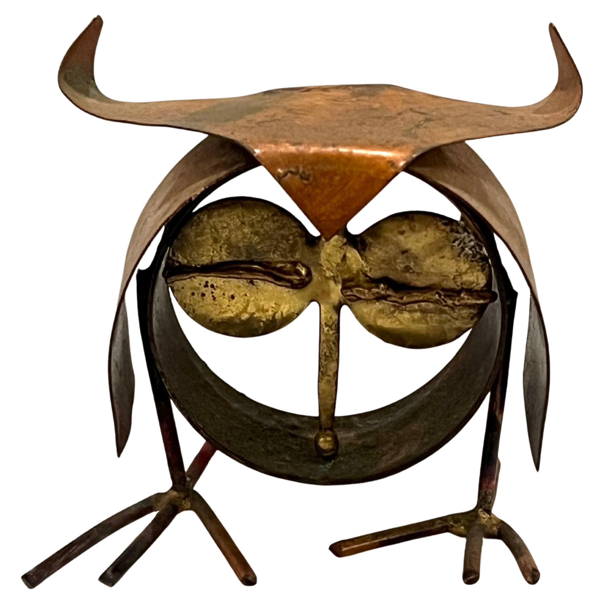 Hand made copper & brass brutalist hippie style small owl sculpture, circa 1970's bohemian decor and good luck charm nice patinated finish.