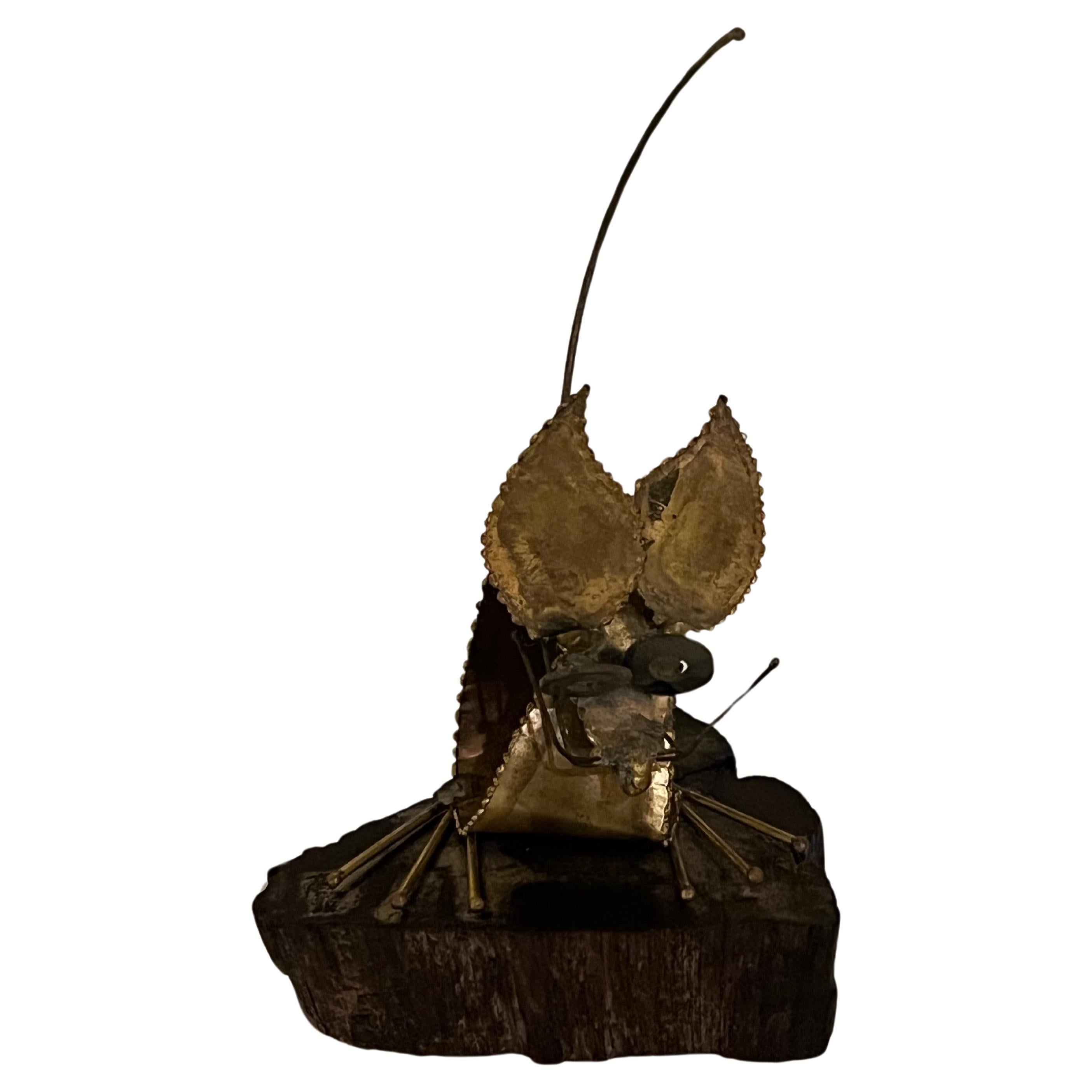 American Whimsical Brutalist Mouse Sculpture in Brass welded on solid Rosewood Base For Sale