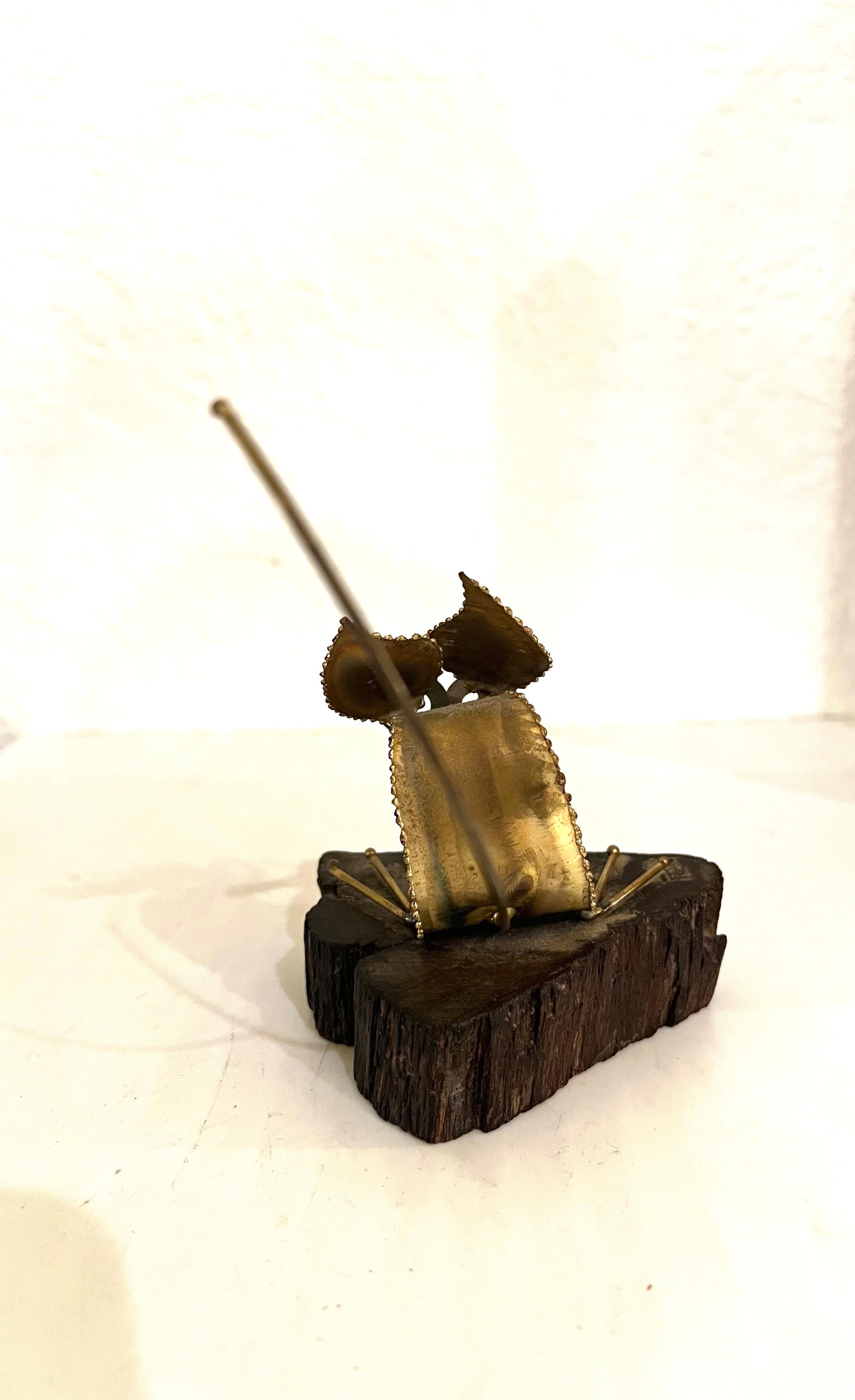 20th Century Whimsical Brutalist Mouse Sculpture in Brass welded on solid Rosewood Base For Sale
