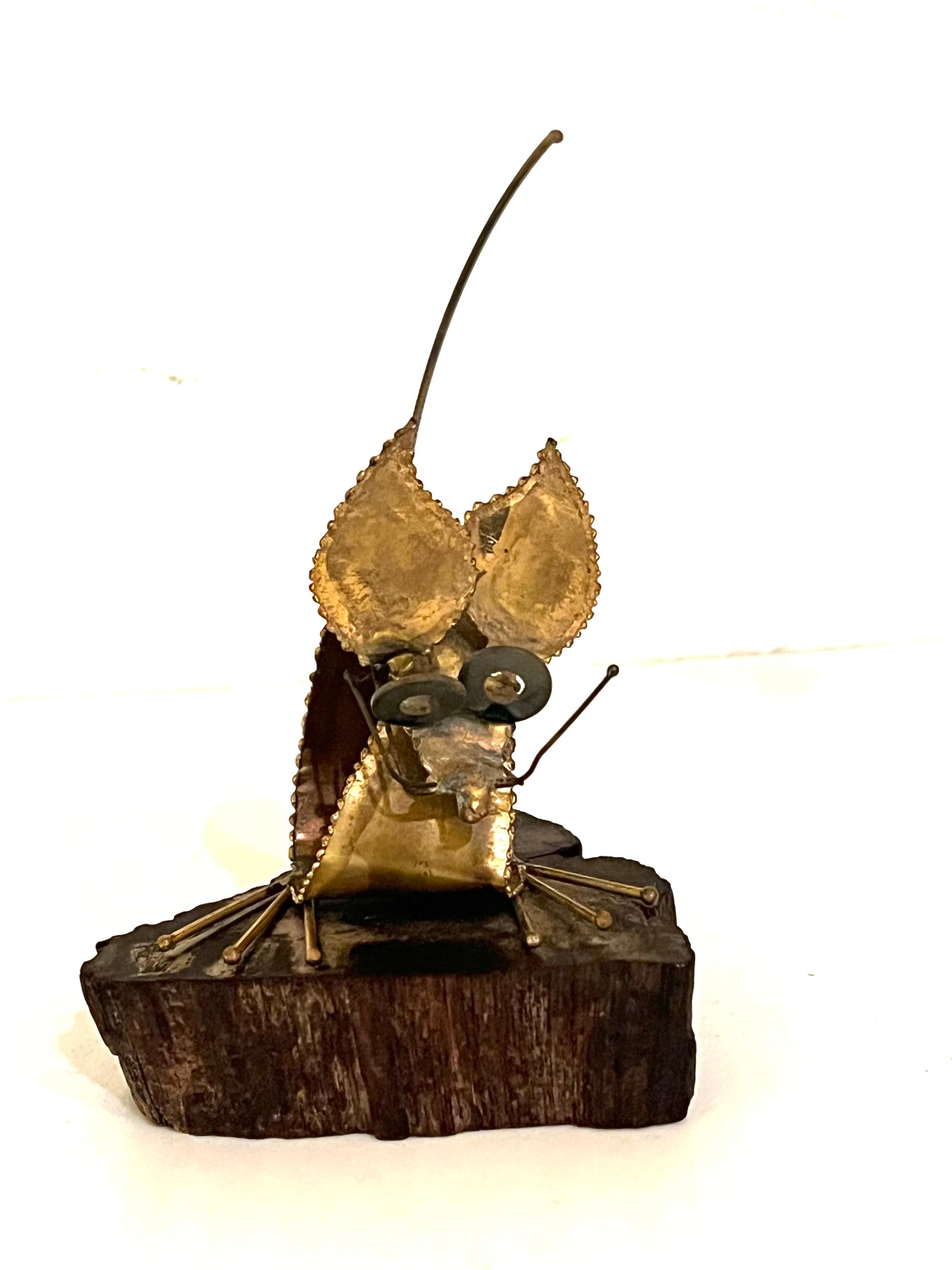 Whimsical Brutalist Mouse Sculpture in Brass welded on solid Rosewood Base For Sale 1