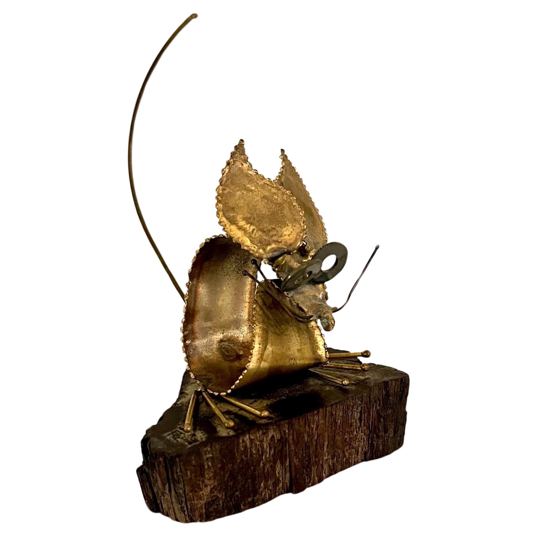 Whimsical Brutalist Mouse Sculpture in Brass welded on solid Rosewood Base For Sale