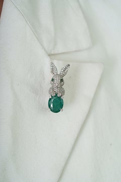 Whimsical Bunny Brooch Pin with 3.08ct Emerald & Diamond Pave in 14K White Gold
