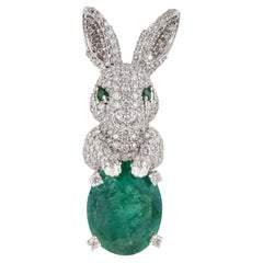 Whimsical Bunny Brooch Pin with 3.08ct Emerald & Diamond Pave in 14K White Gold