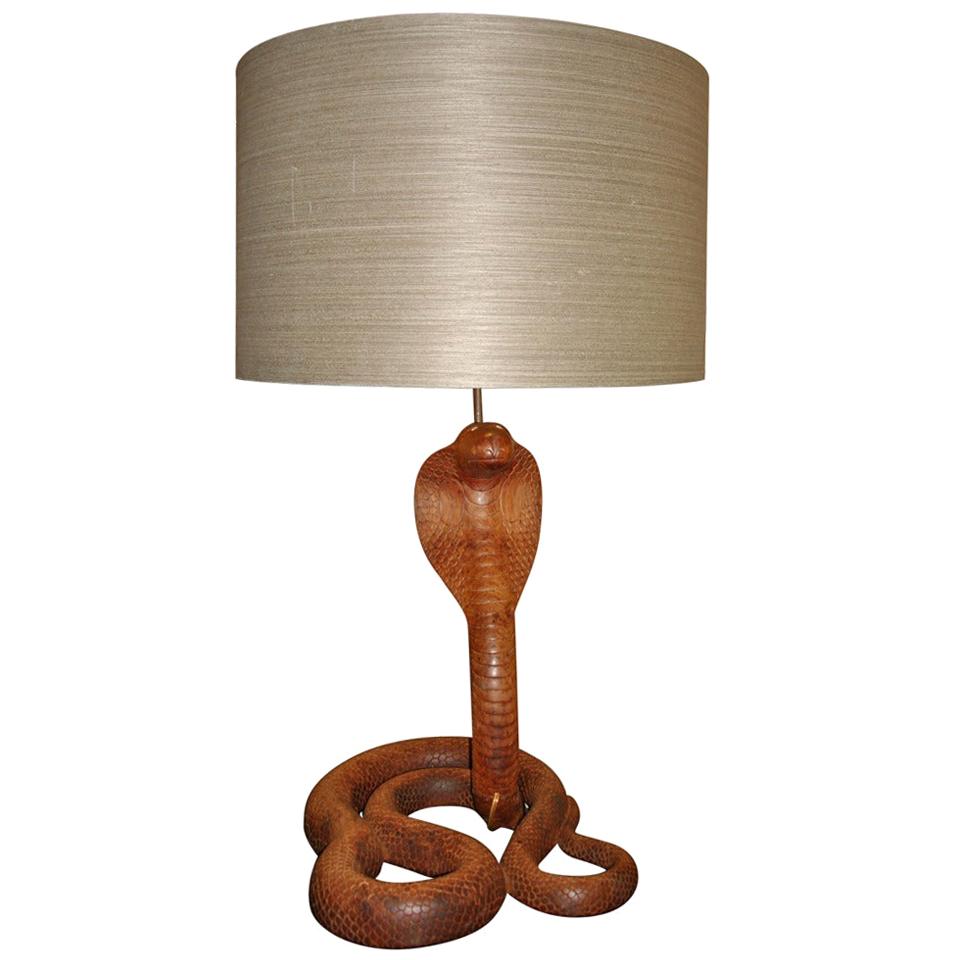Vintage Carved Wood Cobra Table Lamp For Sale