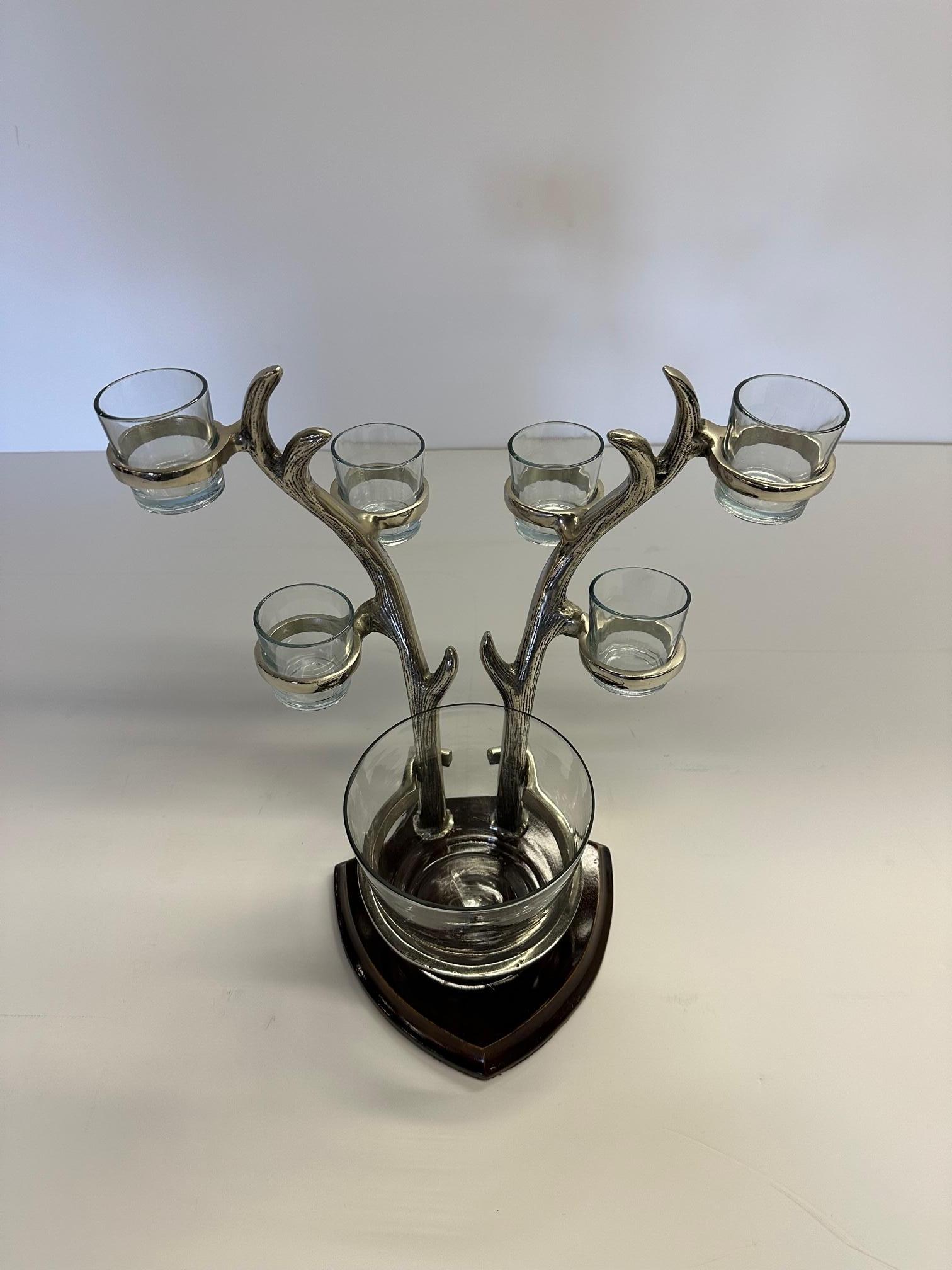 American Whimsical Cast Aluminum Ice Bucket with Antler Motif Stand and Matching Glasses For Sale