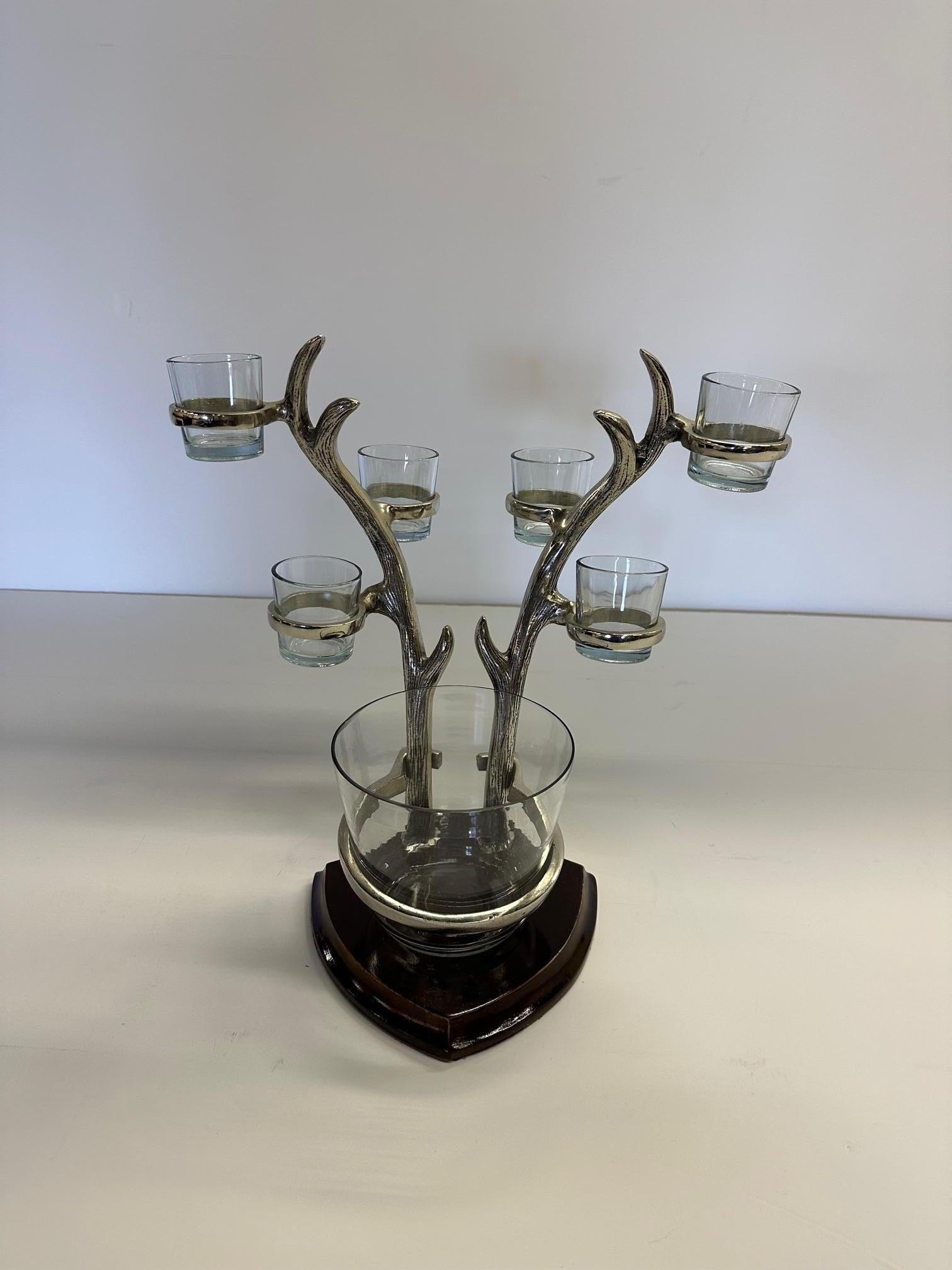 Whimsical Cast Aluminum Ice Bucket with Antler Motif Stand and Matching Glasses For Sale 1
