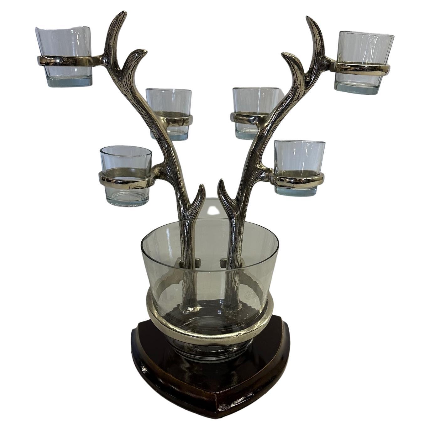 Whimsical Cast Aluminum Ice Bucket with Antler Motif Stand and Matching Glasses For Sale