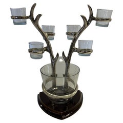 Vintage Whimsical Cast Aluminum Ice Bucket with Antler Motif Stand and Matching Glasses