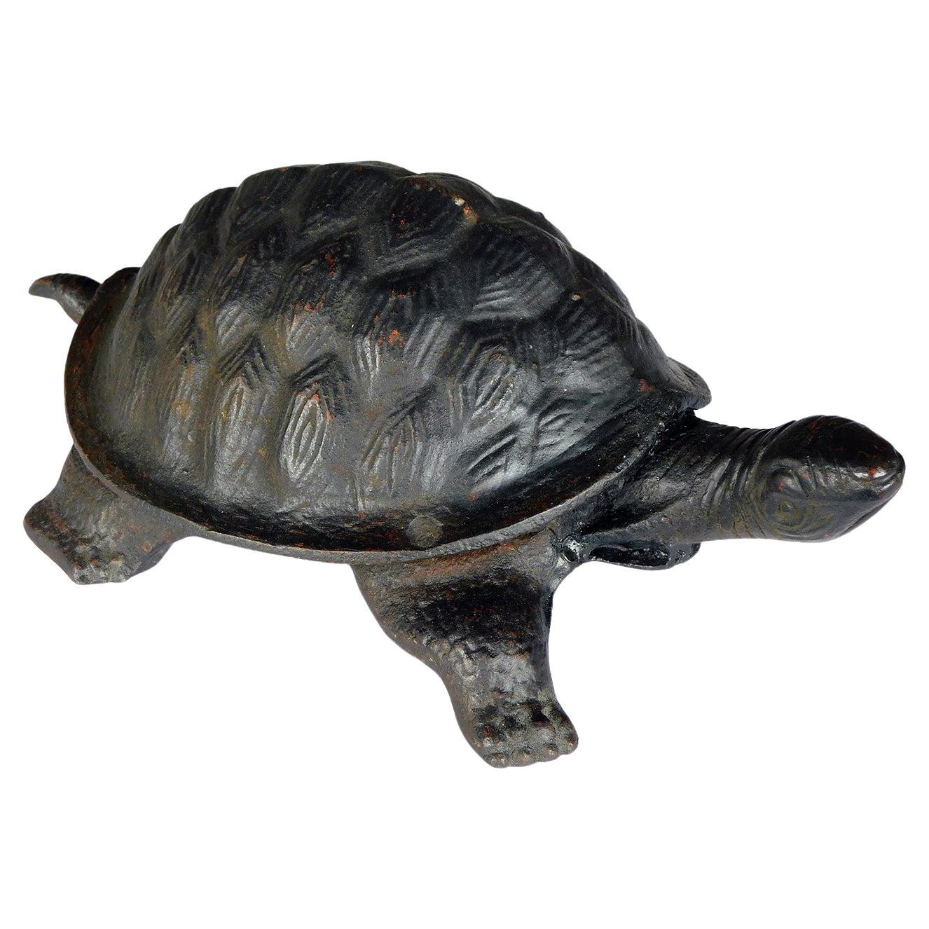 Whimsical Cast Iron Black-Painted Turtle-Form Door Stop/Garden Ornament