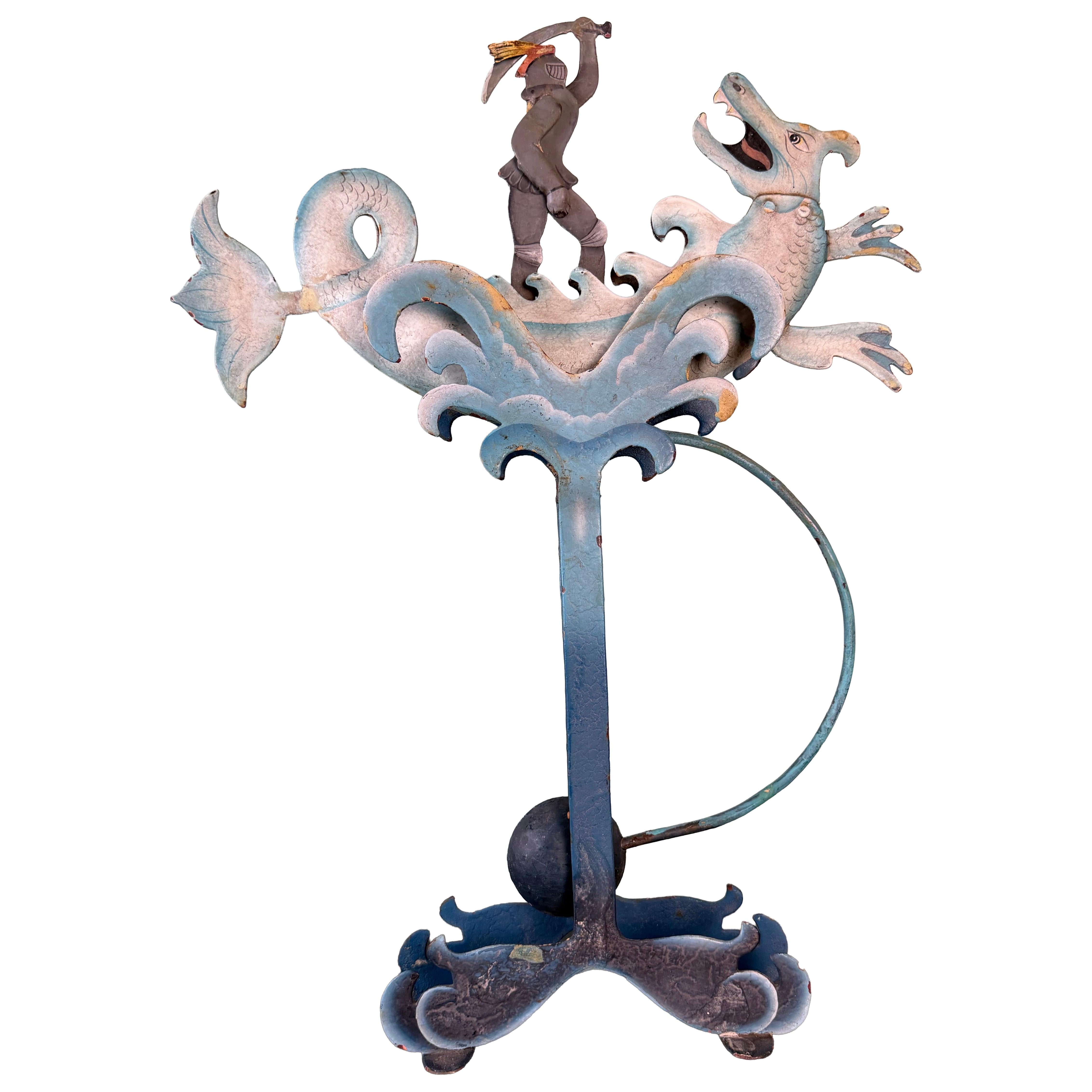 Skurrile Gusseisen kinetische Figur Volkskunst Spielzeug mit Ritter und Drachen Motiv