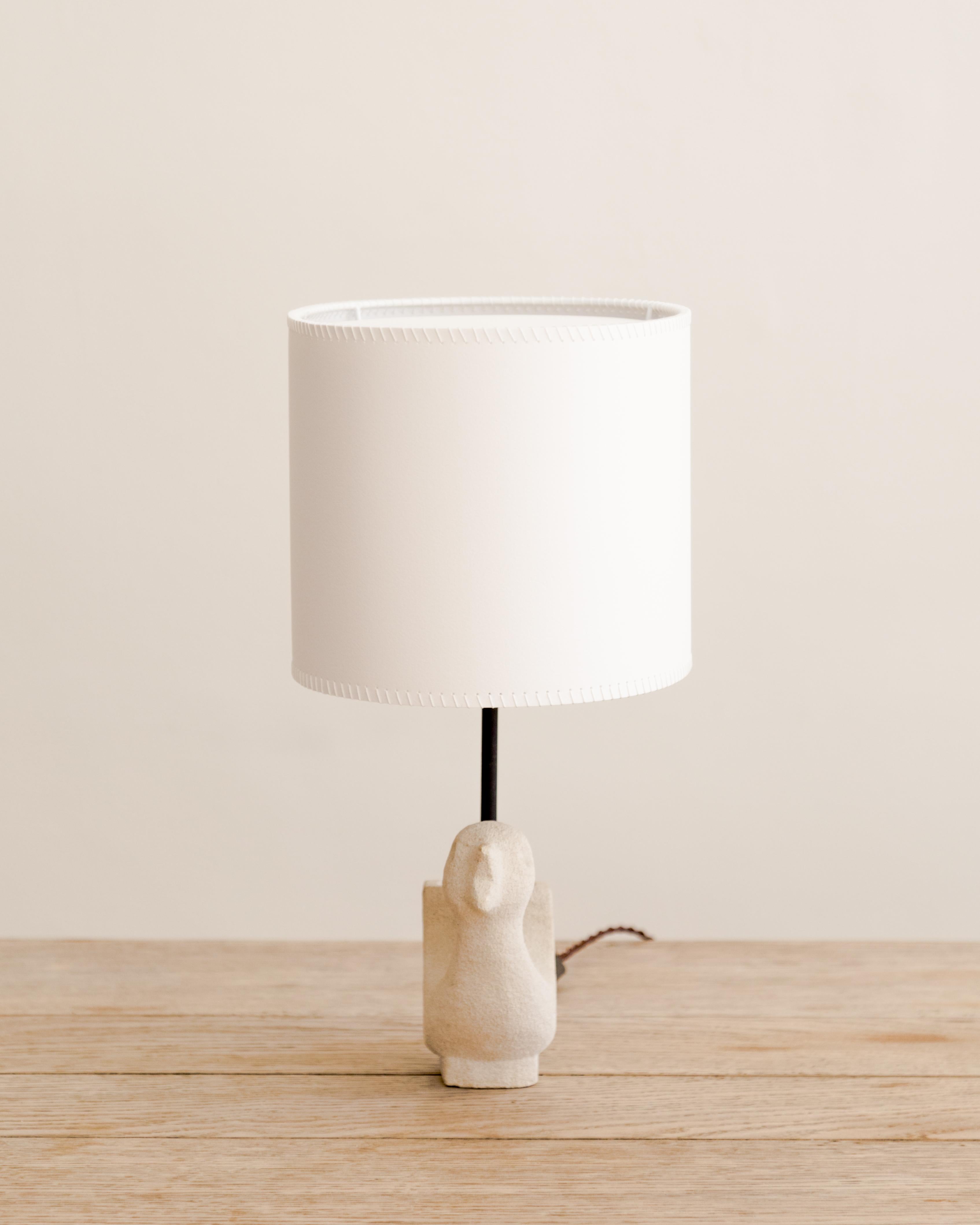 Whimsical cast stone bird chick table lamp, newly wired with artist paper shade with whip stitch detail, France circa 1970's.