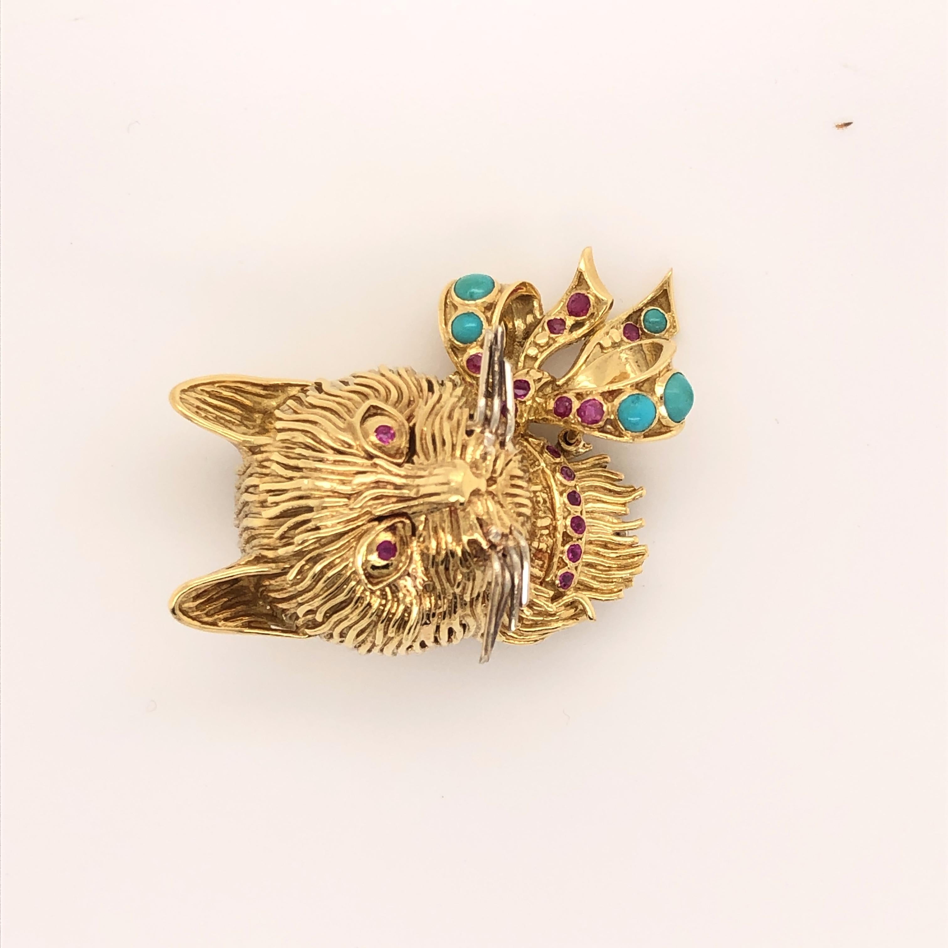 Cabochon Whimsical Cat Head with Turquoise and Ruby Bow Yellow Gold Brooch by Garavelli