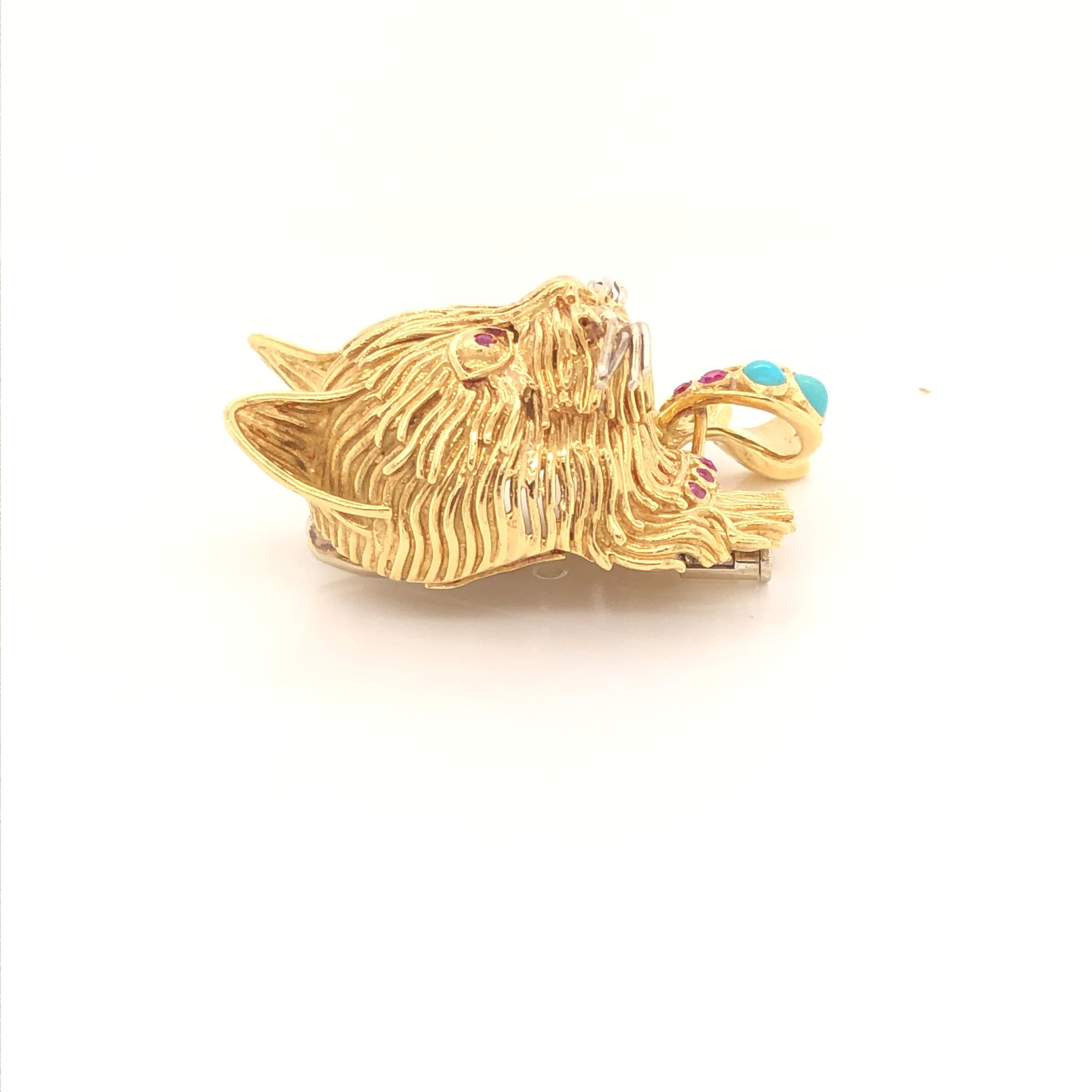 Whimsical Cat Head with Turquoise and Ruby Bow Yellow Gold Brooch by Garavelli In Good Condition In Miami Beach, FL