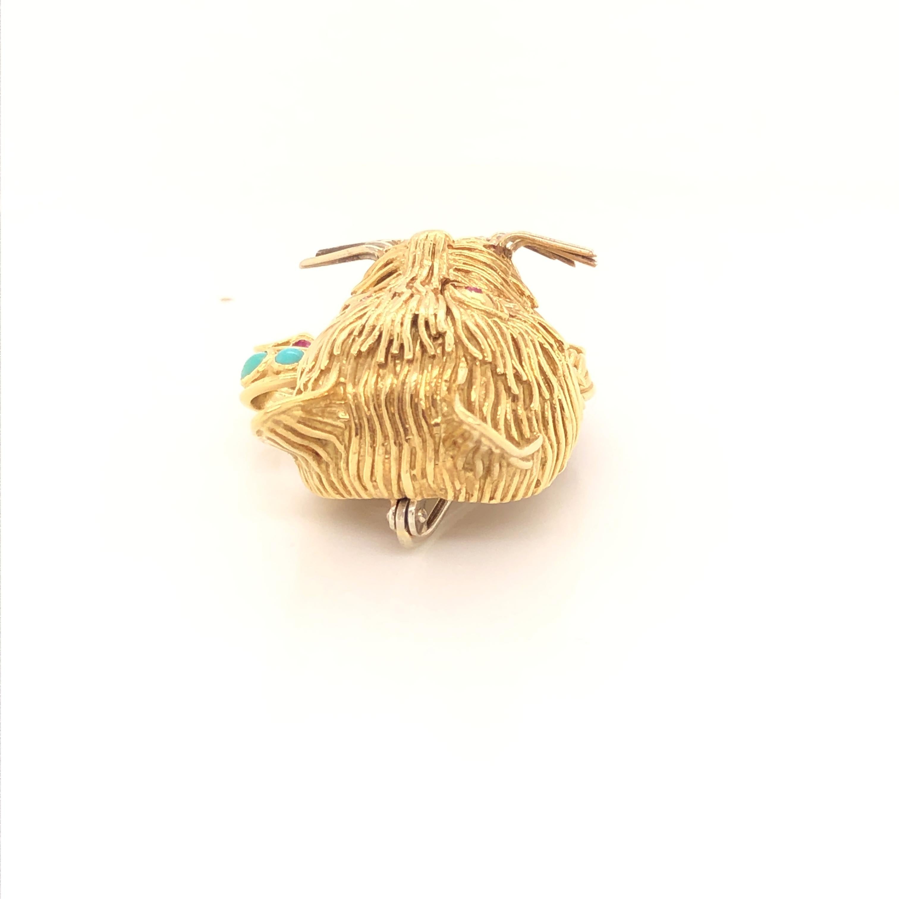 Women's or Men's Whimsical Cat Head with Turquoise and Ruby Bow Yellow Gold Brooch by Garavelli