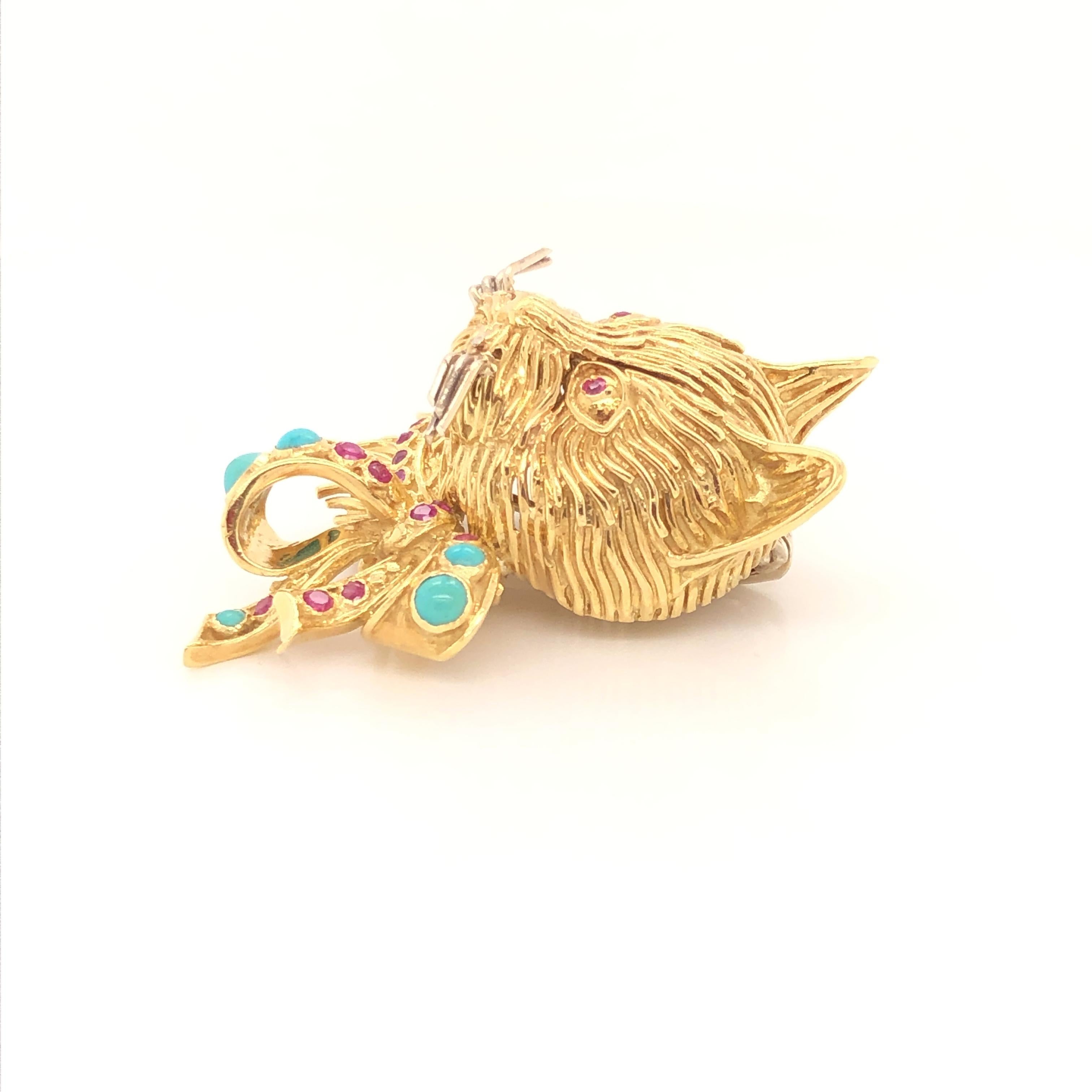 Whimsical Cat Head with Turquoise and Ruby Bow Yellow Gold Brooch by Garavelli 1