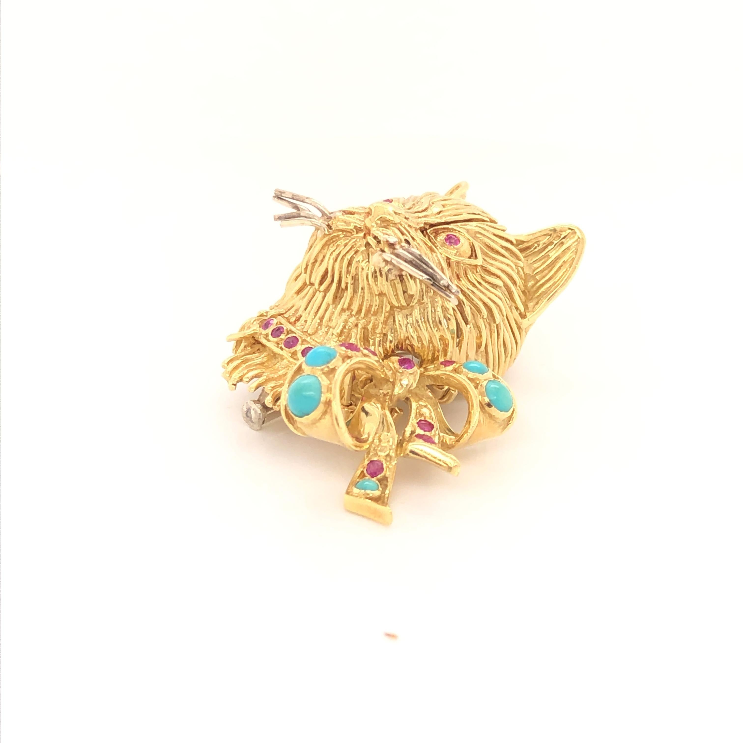 Whimsical Cat Head with Turquoise and Ruby Bow Yellow Gold Brooch by Garavelli 2