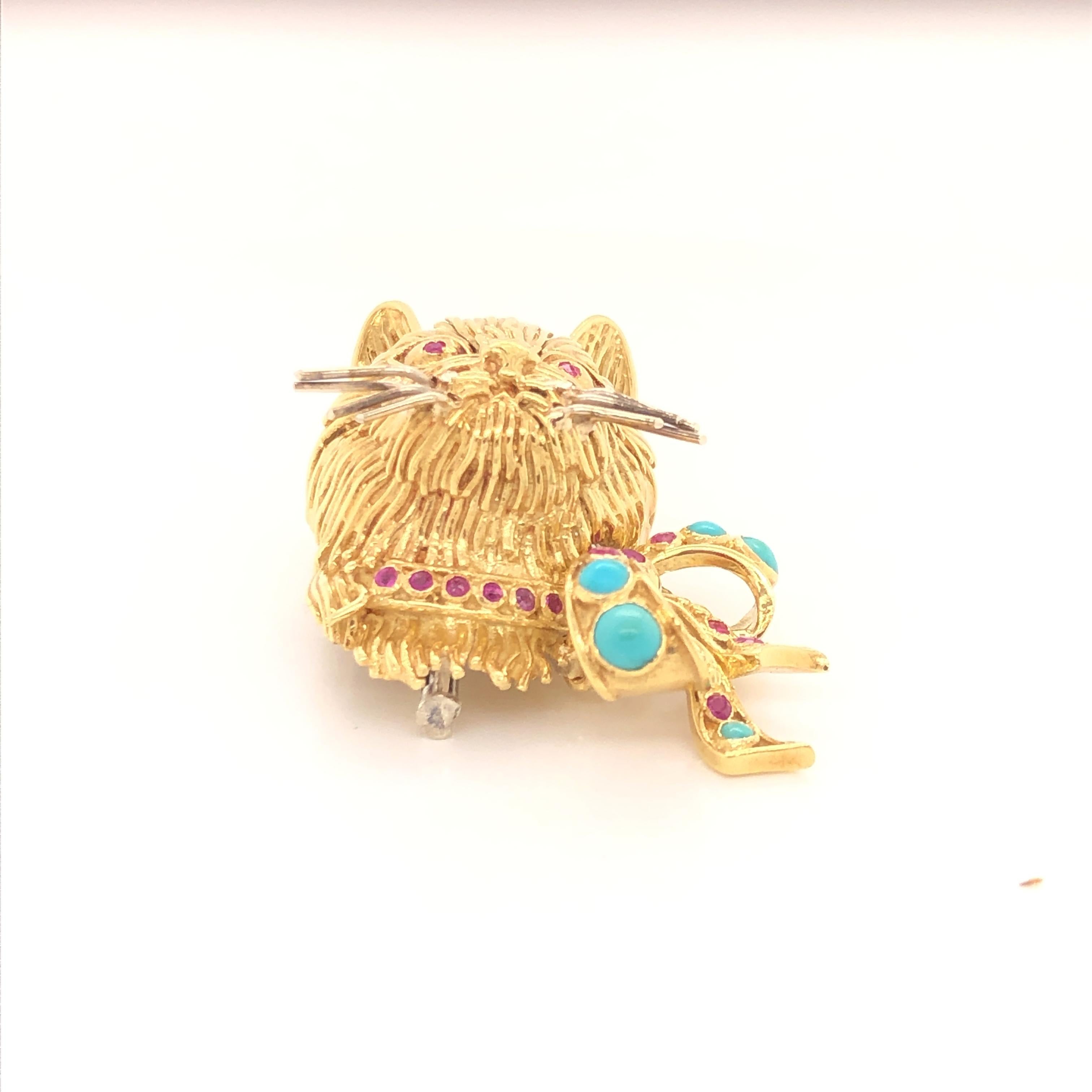 Whimsical Cat Head with Turquoise and Ruby Bow Yellow Gold Brooch by Garavelli 3