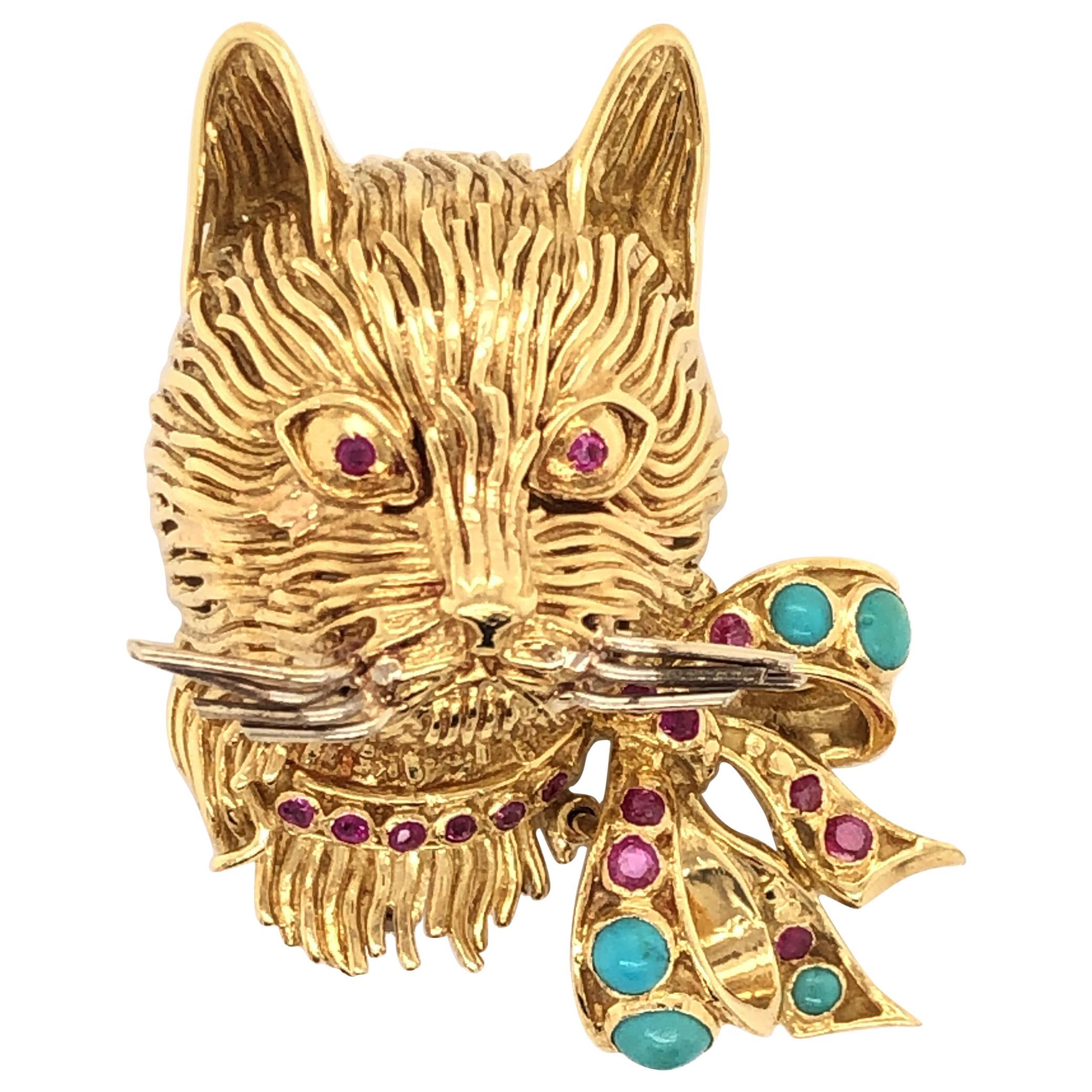 Whimsical Cat Head with Turquoise and Ruby Bow Yellow Gold Brooch by Garavelli