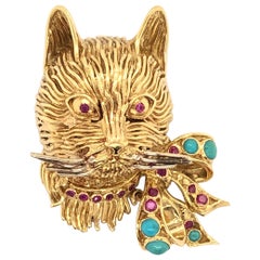 Vintage Whimsical Cat Head with Turquoise and Ruby Bow Yellow Gold Brooch by Garavelli