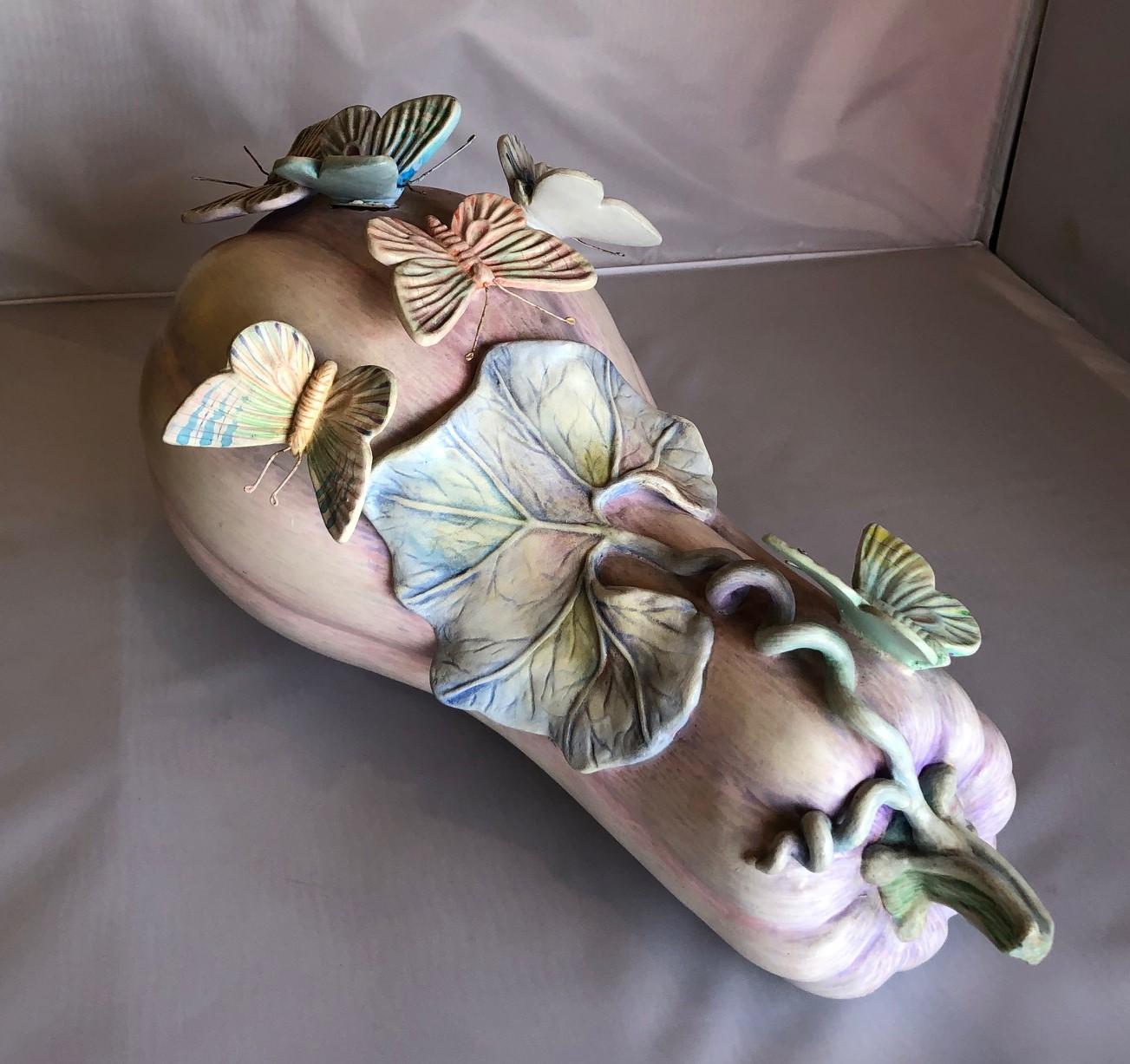 Mexican Whimsical Ceramic Butterflies on Squash Sculpture by Sergio Bustamante