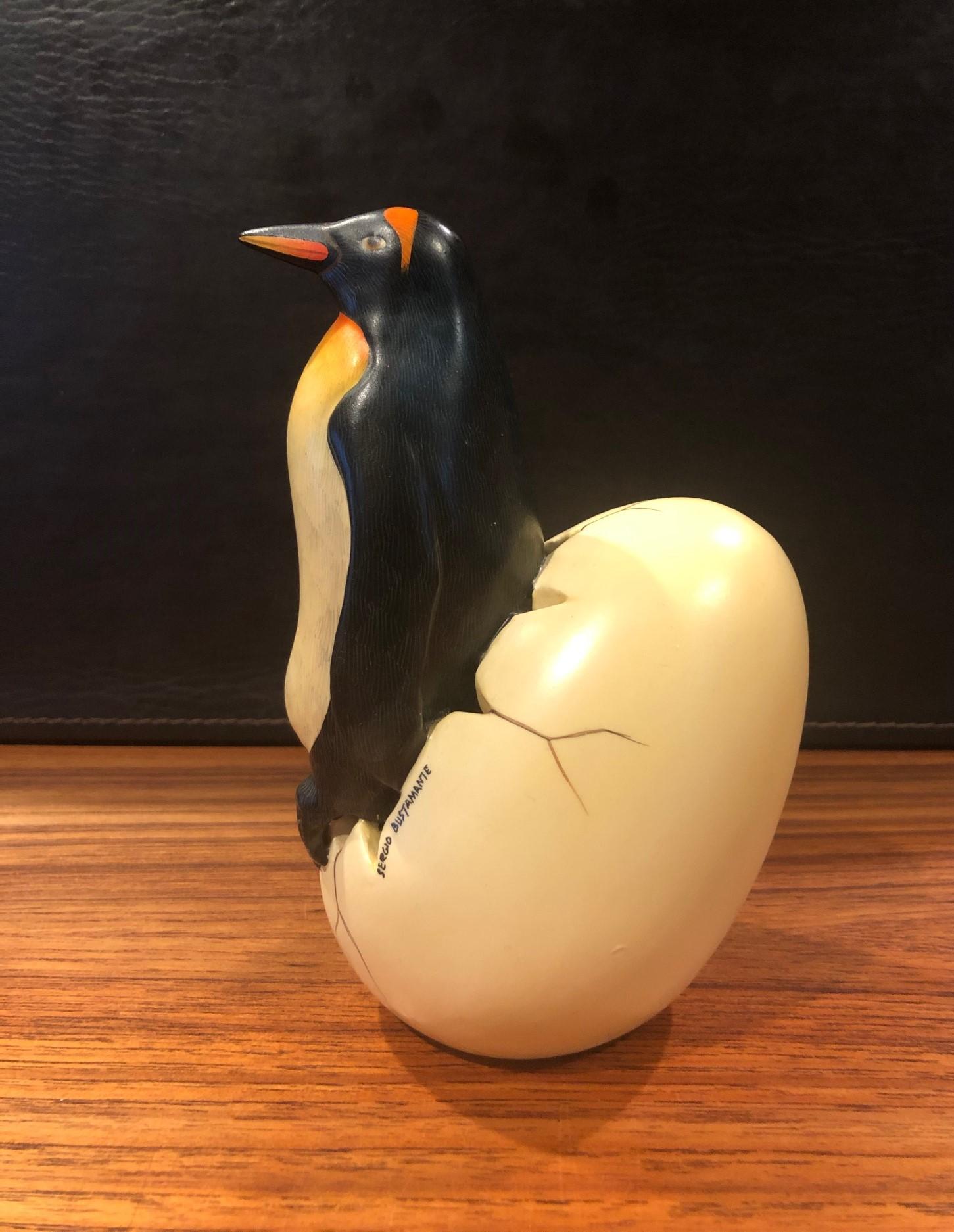 Mexican Whimsical Ceramic Hatching Penguin from Egg Sculpture by Sergio Bustamante