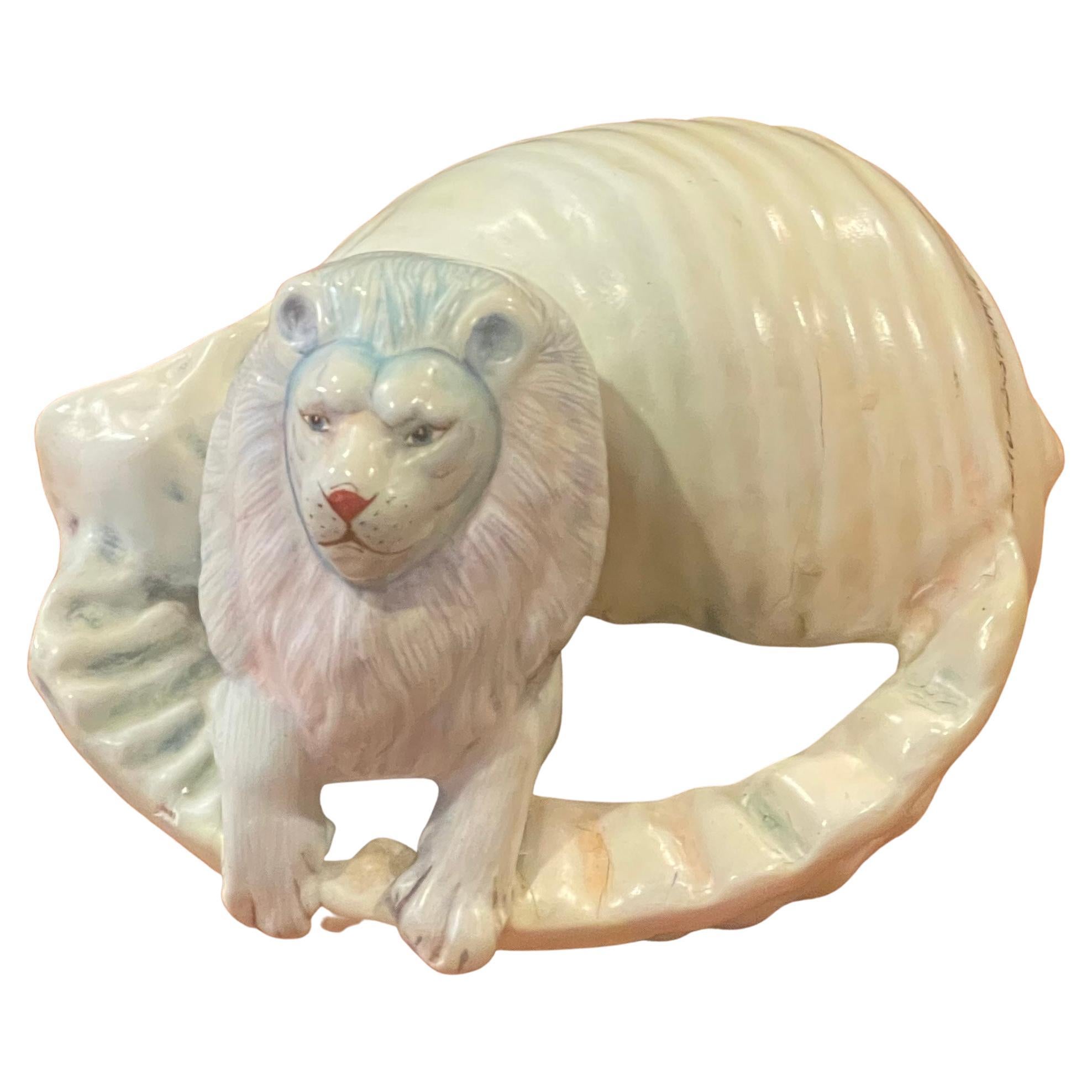 Whimsical Ceramic Lion in Conch Shell Sculpture by Sergio Bustamante