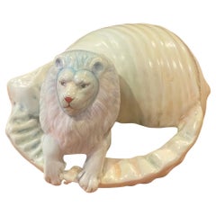 Whimsical Ceramic Lion in Conch Shell Sculpture by Sergio Bustamante