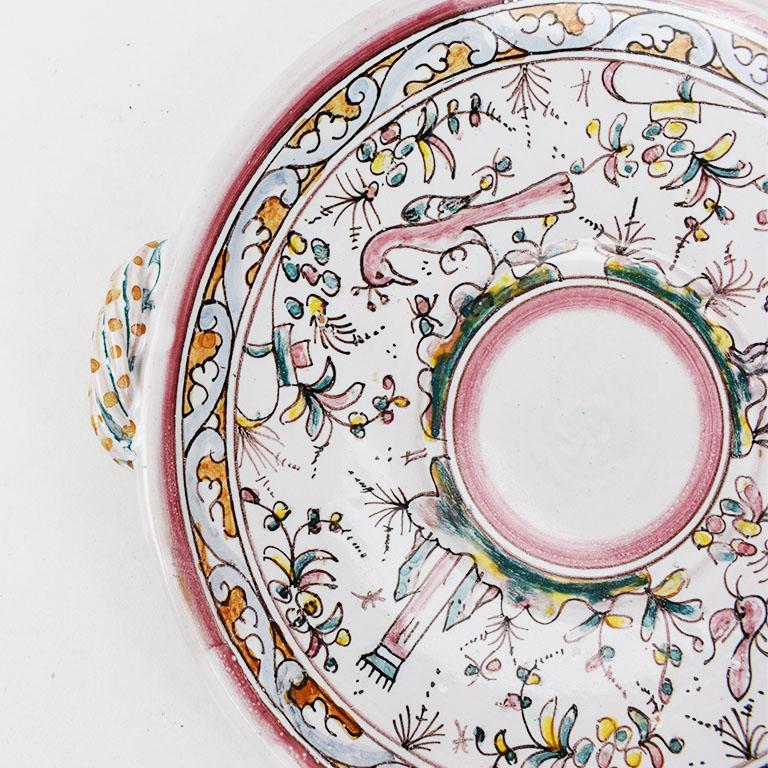 Folk Art Whimsical Ceramic Pink and Green Spring Theme Platter Made in Portugal For Sale