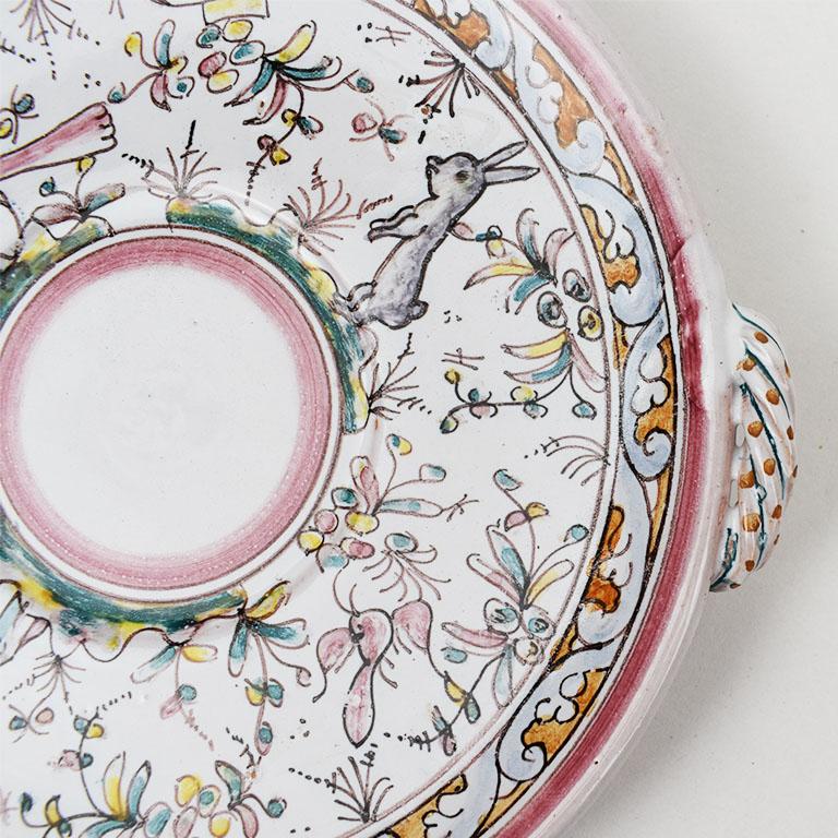 Folk Art Whimsical Ceramic Pink and Green Spring Theme Platter Made in Portugal For Sale