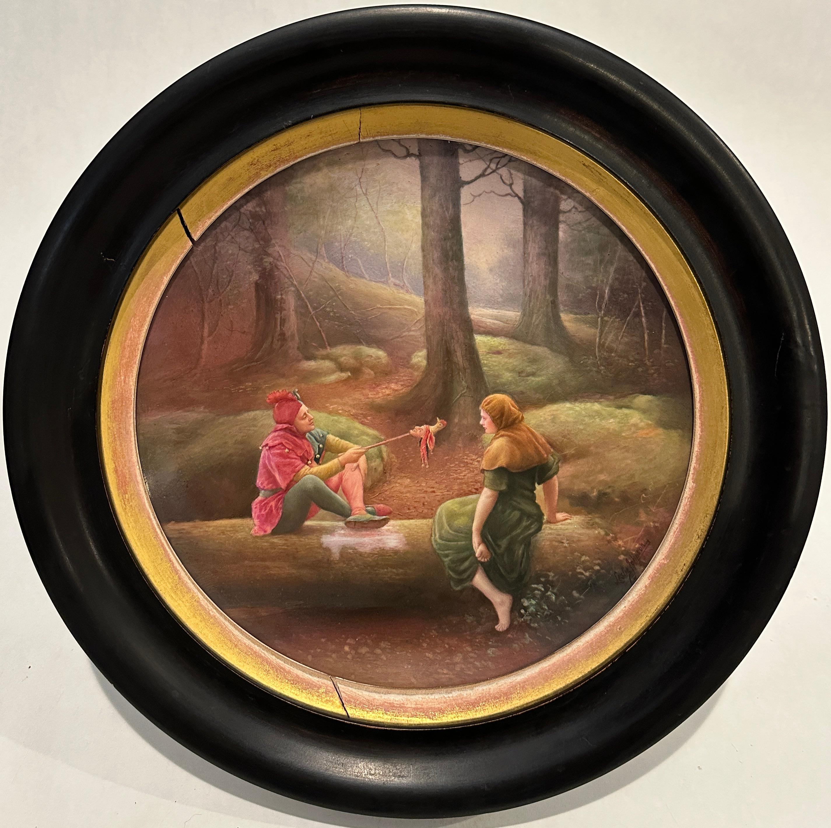An exemplary late Victorian or Edwardian framed scenic plate, hand-decorated by artist Leslie Johnson, depicting a jester flirting with a young woman. Signed to lower right by Johnson, who was famous and sought after for his historical portraits.