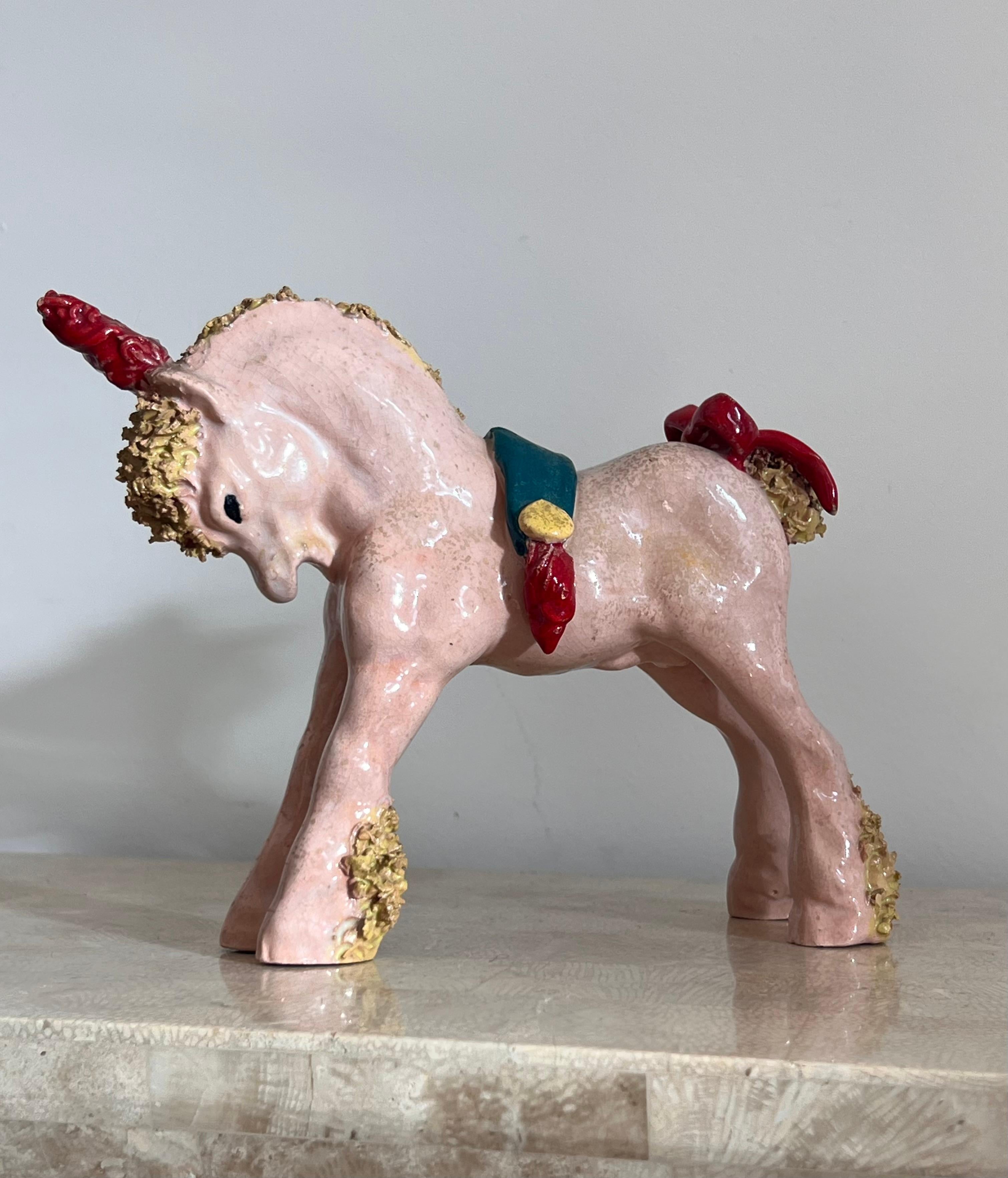Whimsical ceramic sculpture of a pony unicorn by Bill Meyer, signed, 20th c 3