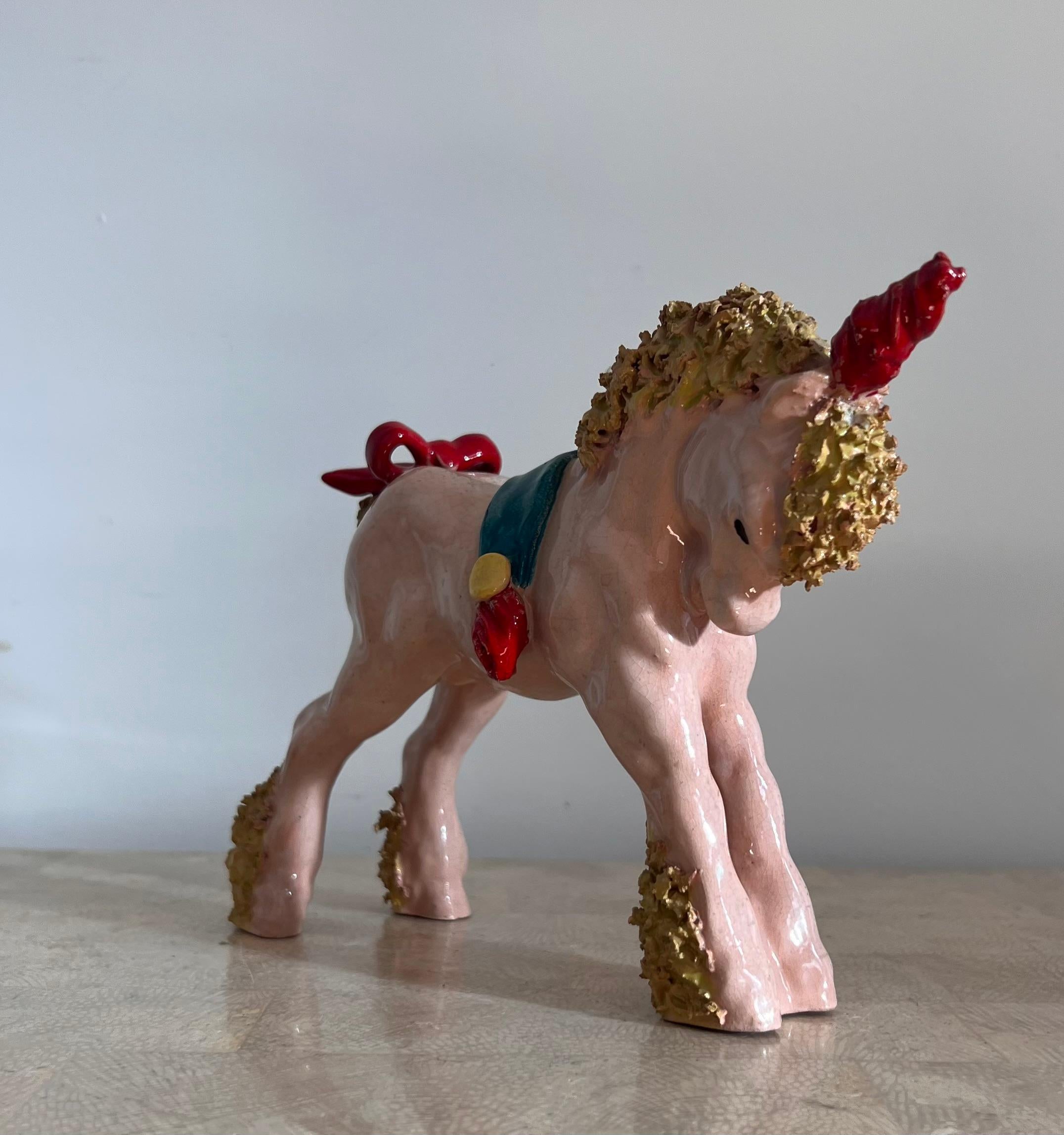 Whimsical ceramic sculpture of a pony unicorn by Bill Meyer, signed, 20th c 4